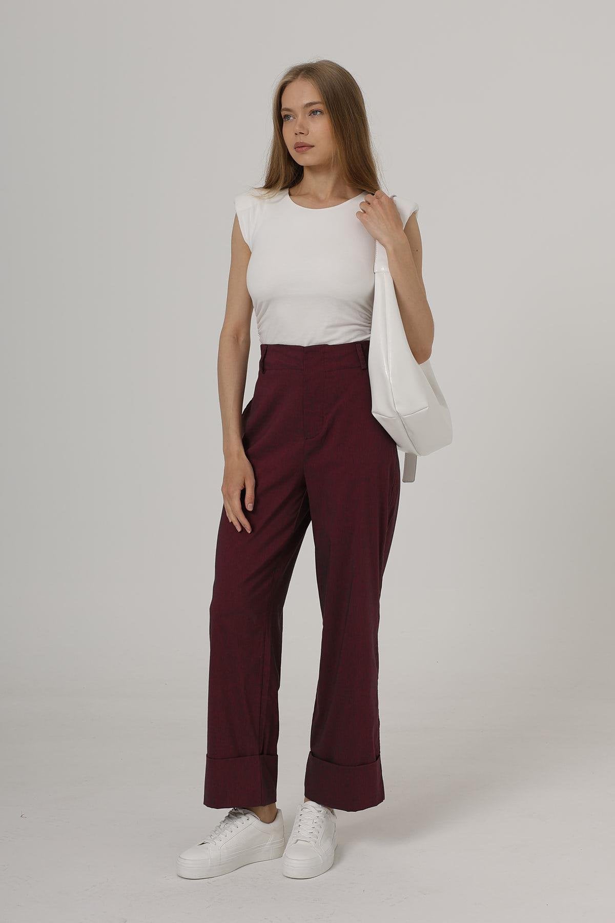 Kadın Bordo Çift Cepli Duble Paça Pantolon VS00587