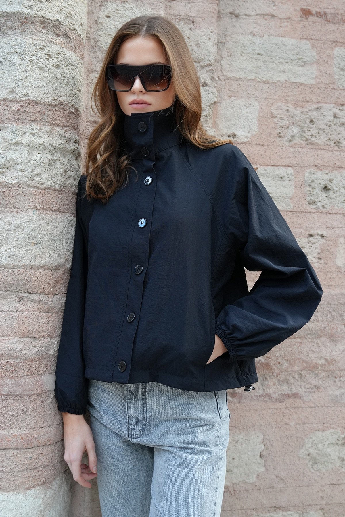 Kadın Siyah Su İtici Dik Yaka Bomber Ceket VS01230