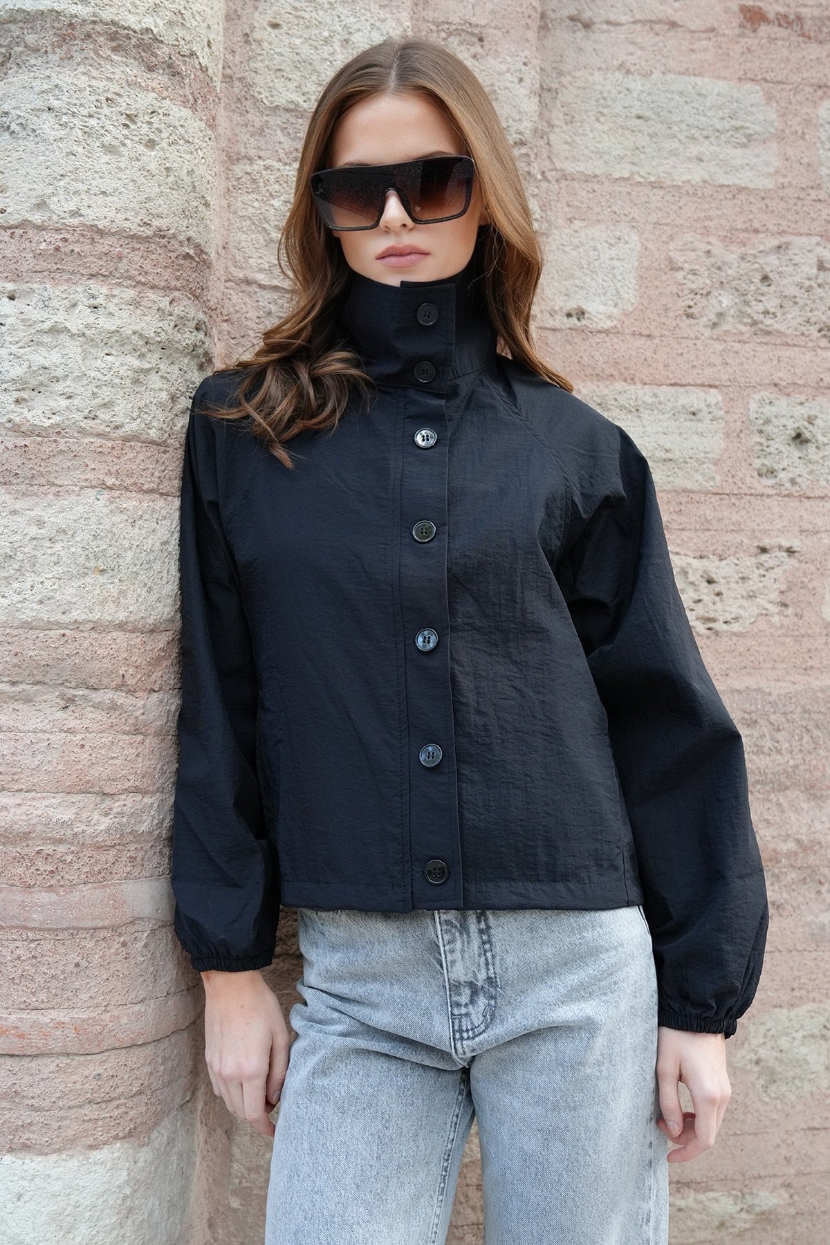 Kadın Siyah Su İtici Dik Yaka Bomber Ceket VS01230