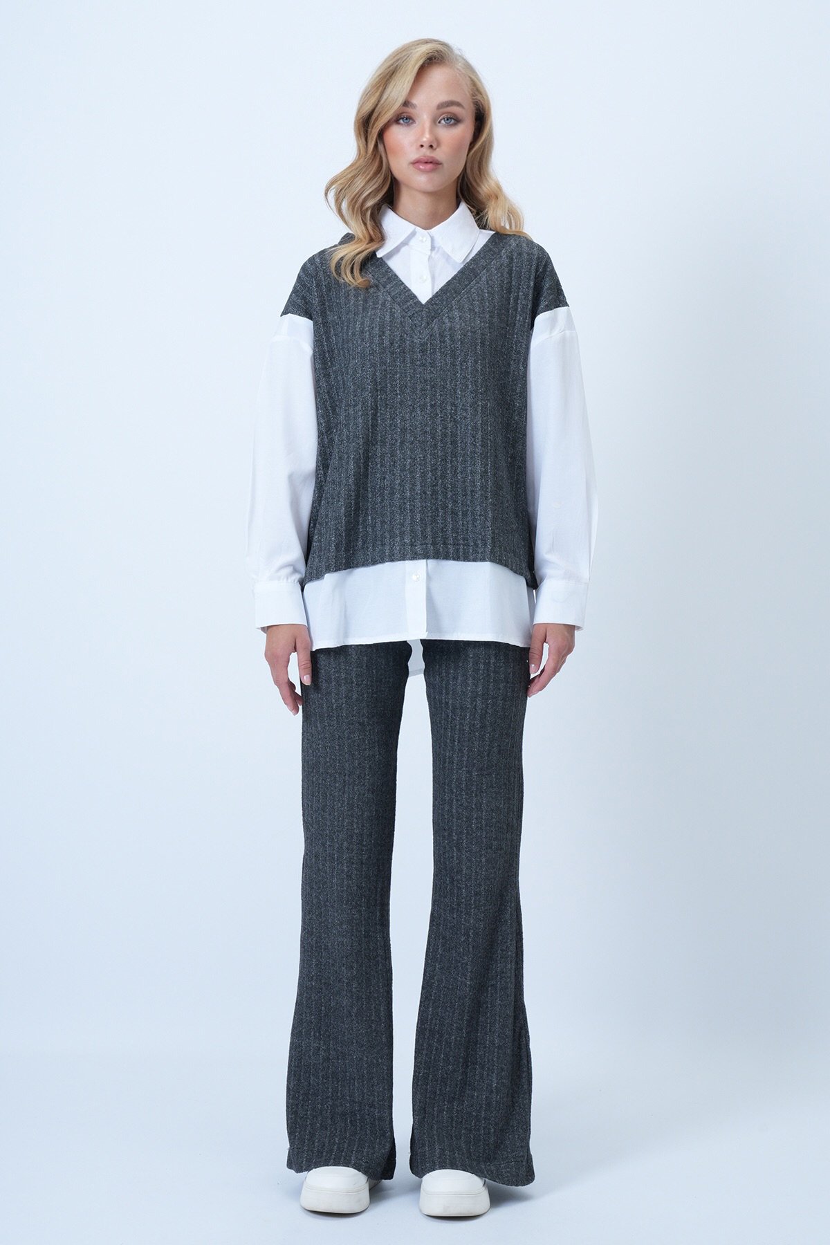 Kadın Antrasit Gömlek Garnili Triko Süveter Ve Pantolon Takım ALC-X14489