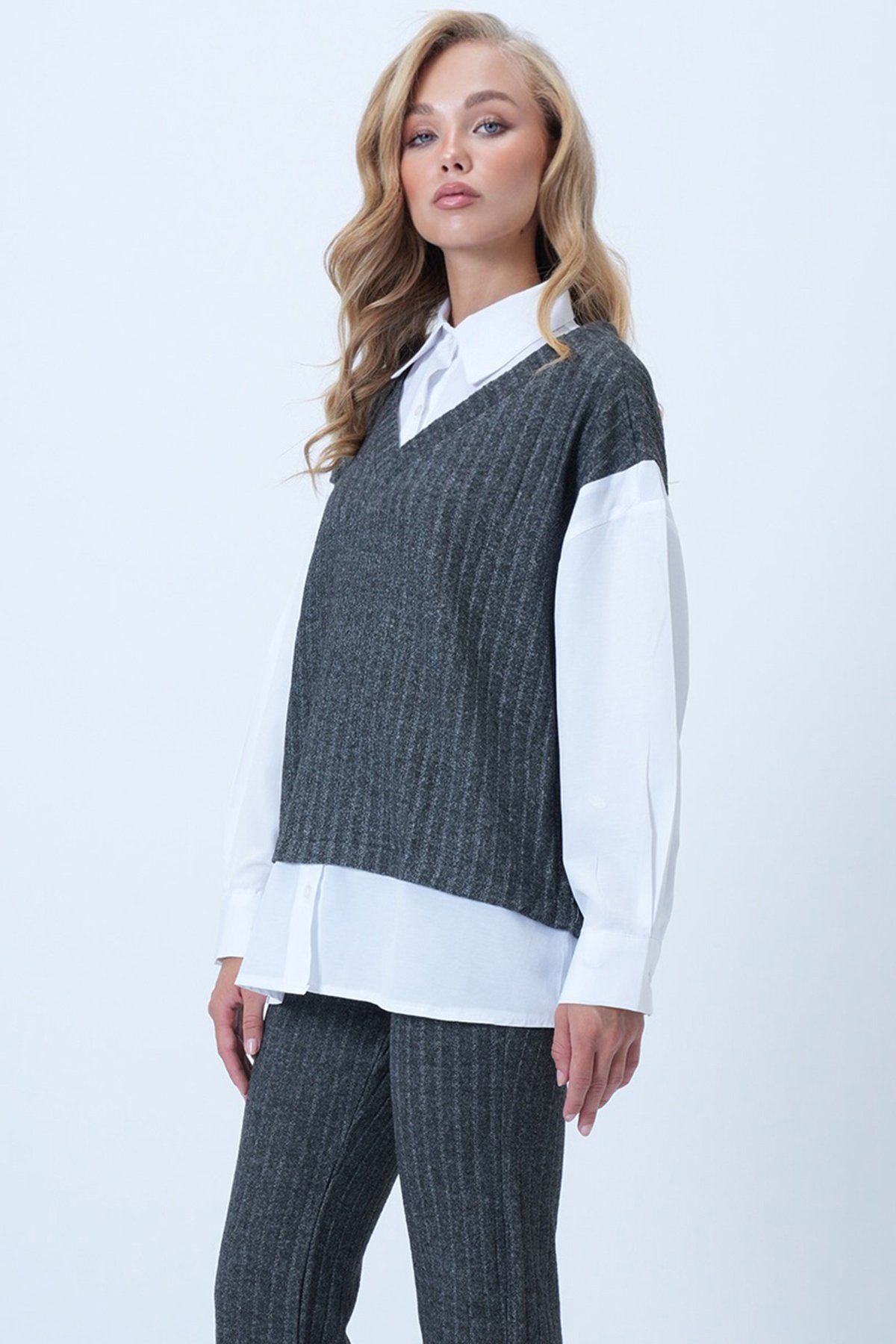 Kadın Antrasit Gömlek Garnili Triko Süveter Ve Pantolon Takım ALC-X14489