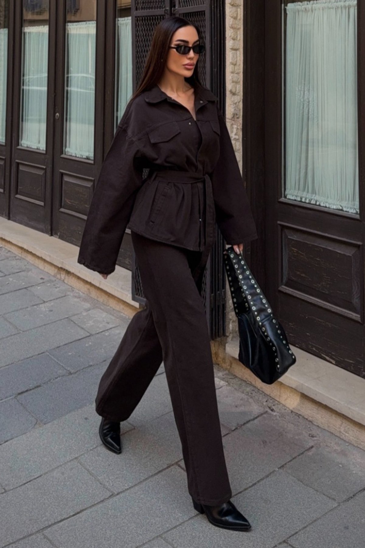 Kadın ACI KAHVE Bağlamalı Gömlek ve 5 Cepli Palazzo Pantolon Denim Takım VS01637