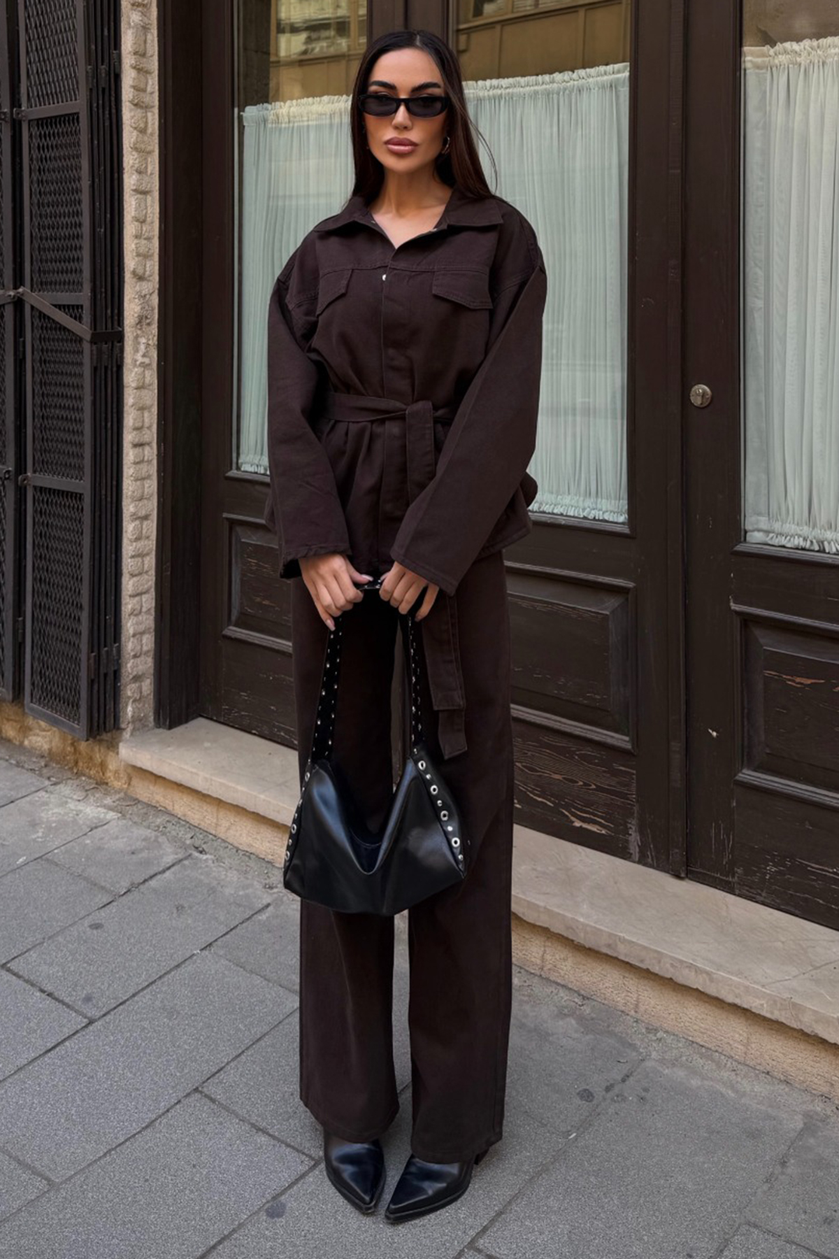 Kadın ACI KAHVE Bağlamalı Gömlek ve 5 Cepli Palazzo Pantolon Denim Takım VS01637