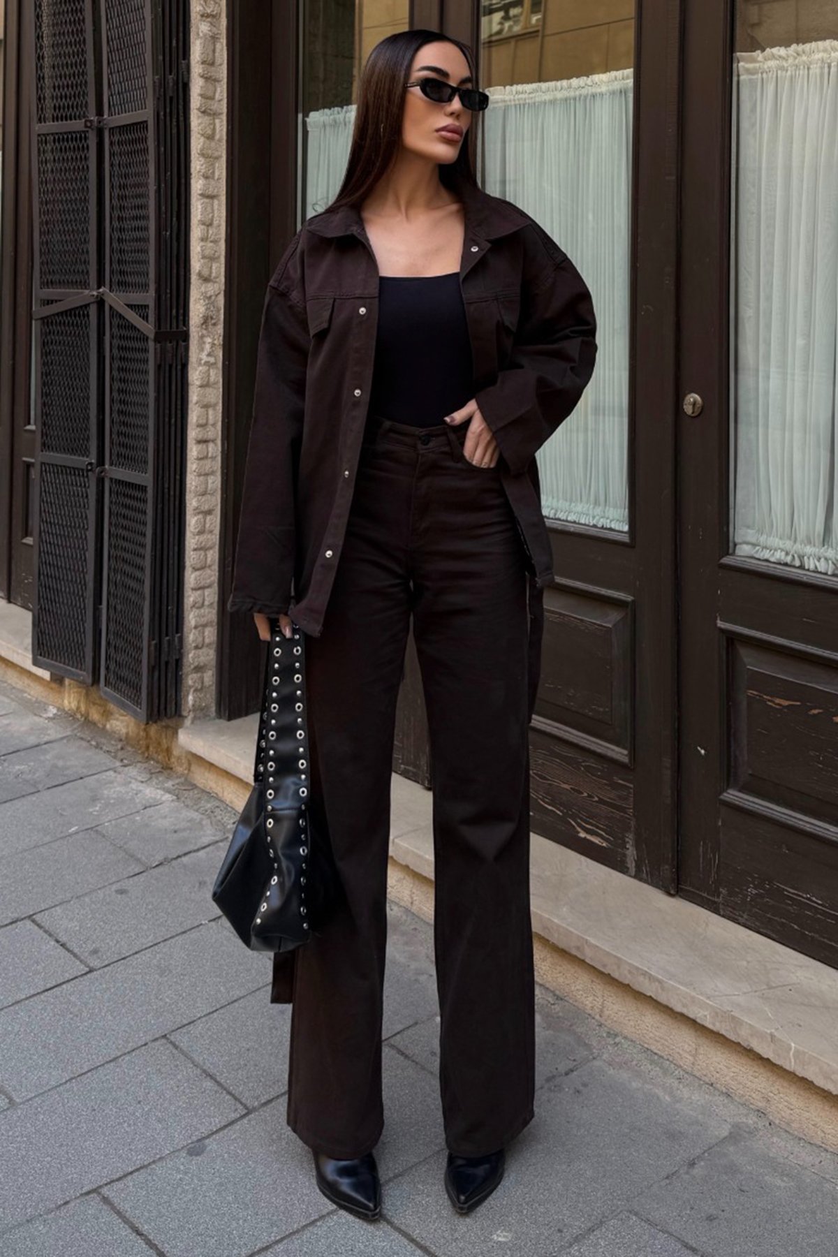 Kadın ACI KAHVE Bağlamalı Gömlek ve 5 Cepli Palazzo Pantolon Denim Takım VS01637