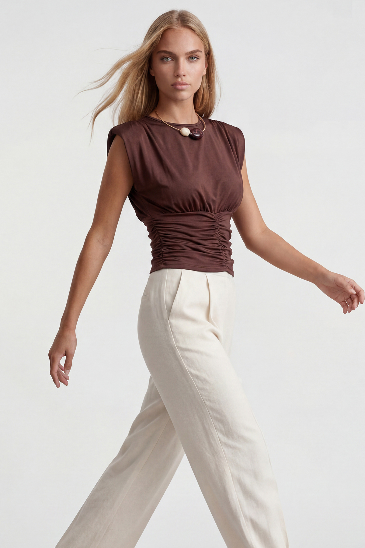 Kadın Acı Kahve Bisiklet Yaka Drape Detaylı Vatkalı Sandy Bluz Alc-X15485