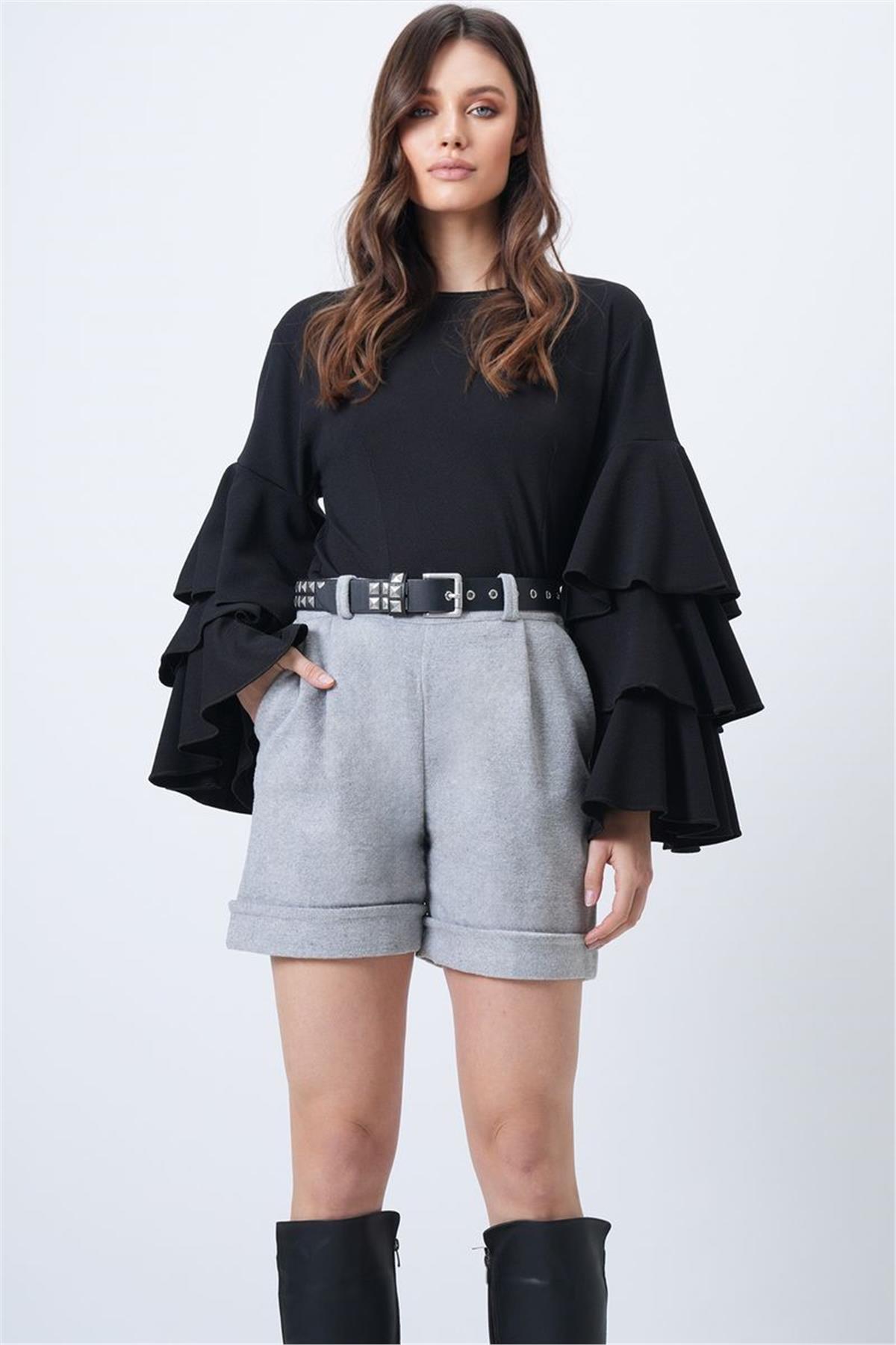 Kadın Açık Gri Duble Paça Çift Cepli Kışlık Kaşe Şort Alc-X13297