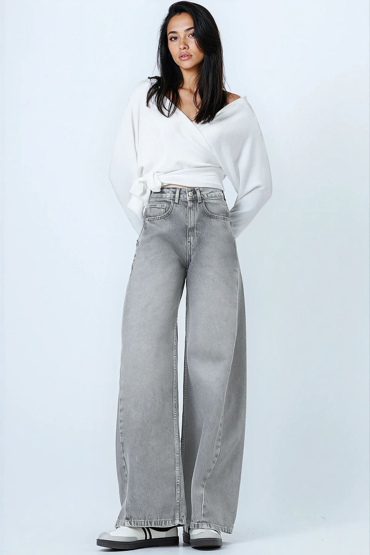 Kadın AÇIK GRİ Yüksek Bel 5 Cepli Baggy Jean VS01450