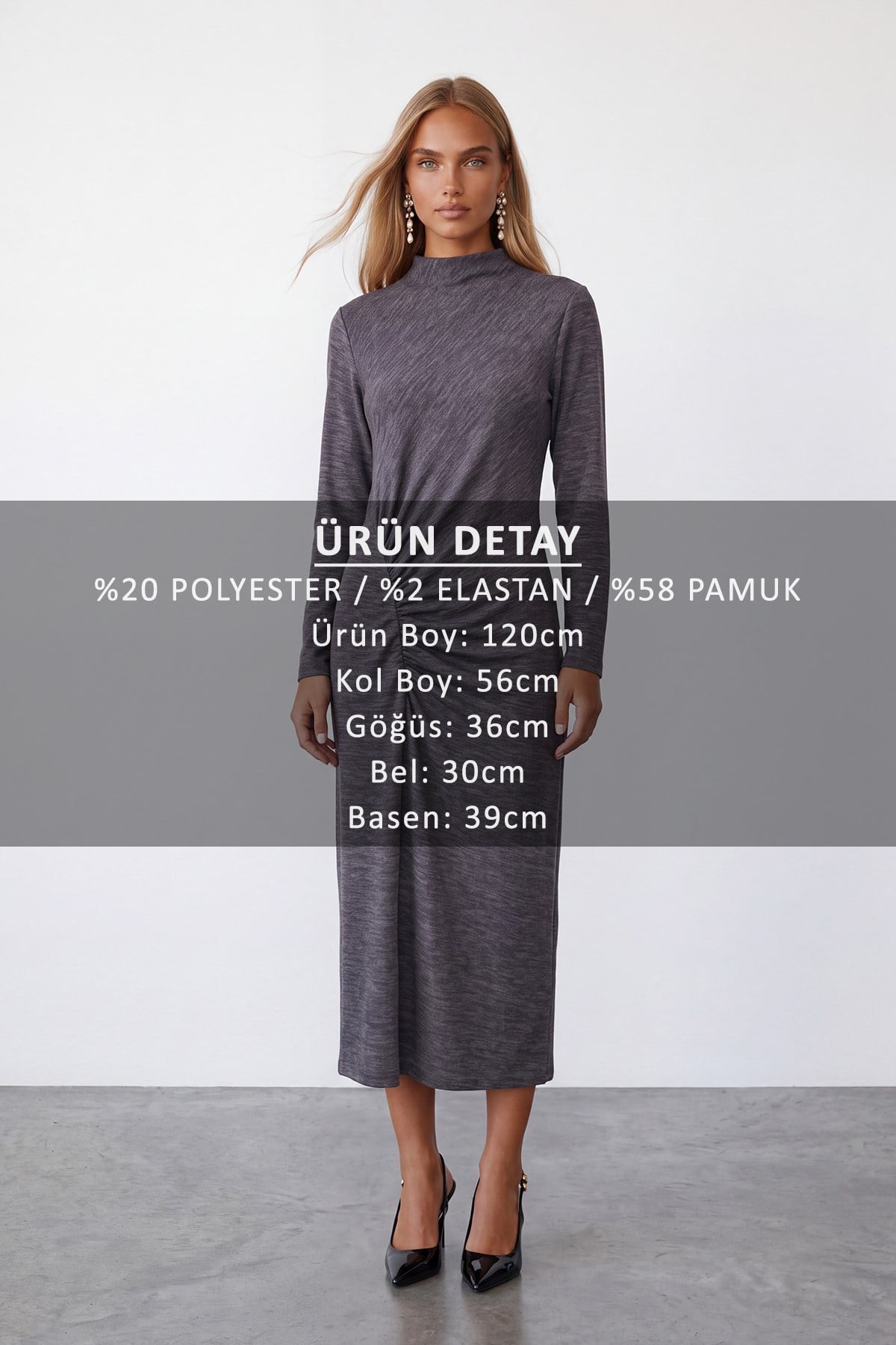 Dik Yaka Drape Detaylı Midi Boy Likralı Örme Elbise