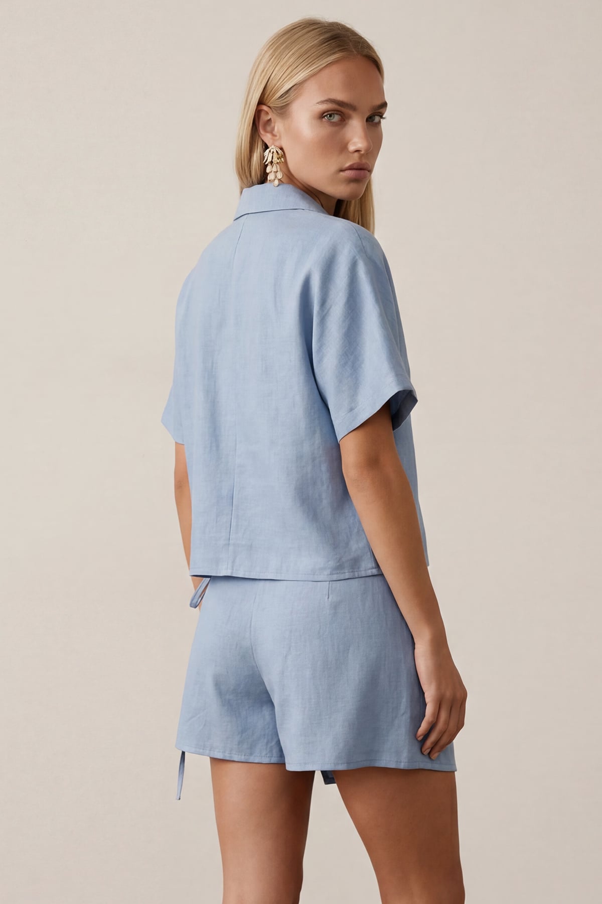 Kadın Bebe Mavi Ceket Yaka Oversize Keten Gömlek Ve Bağlamalı Şort Etek Takım Alc-X13941
