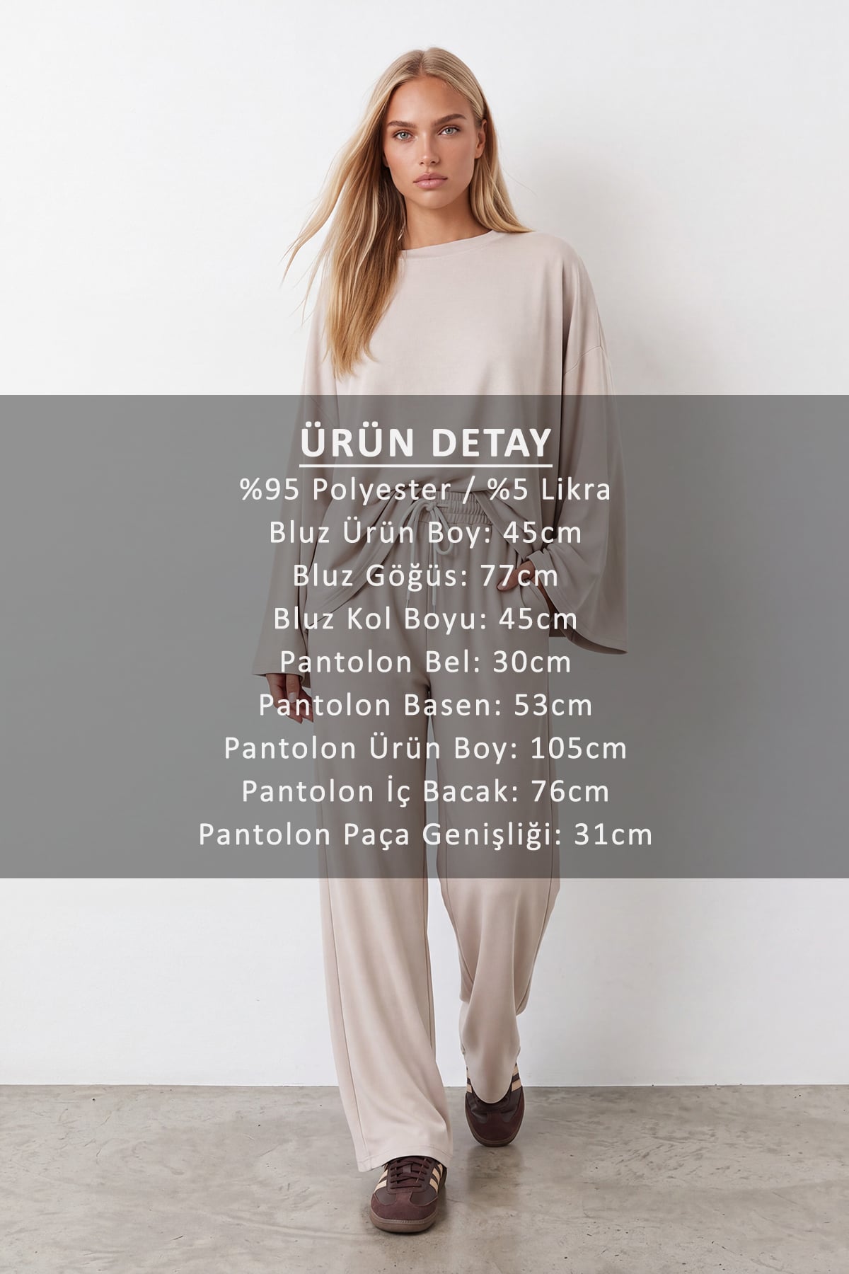 Kadın Bej Bisiklet Yaka Pelerin Kesimli Üst Ve  Beli Lastikli Pantolon Takım Alc-X15801