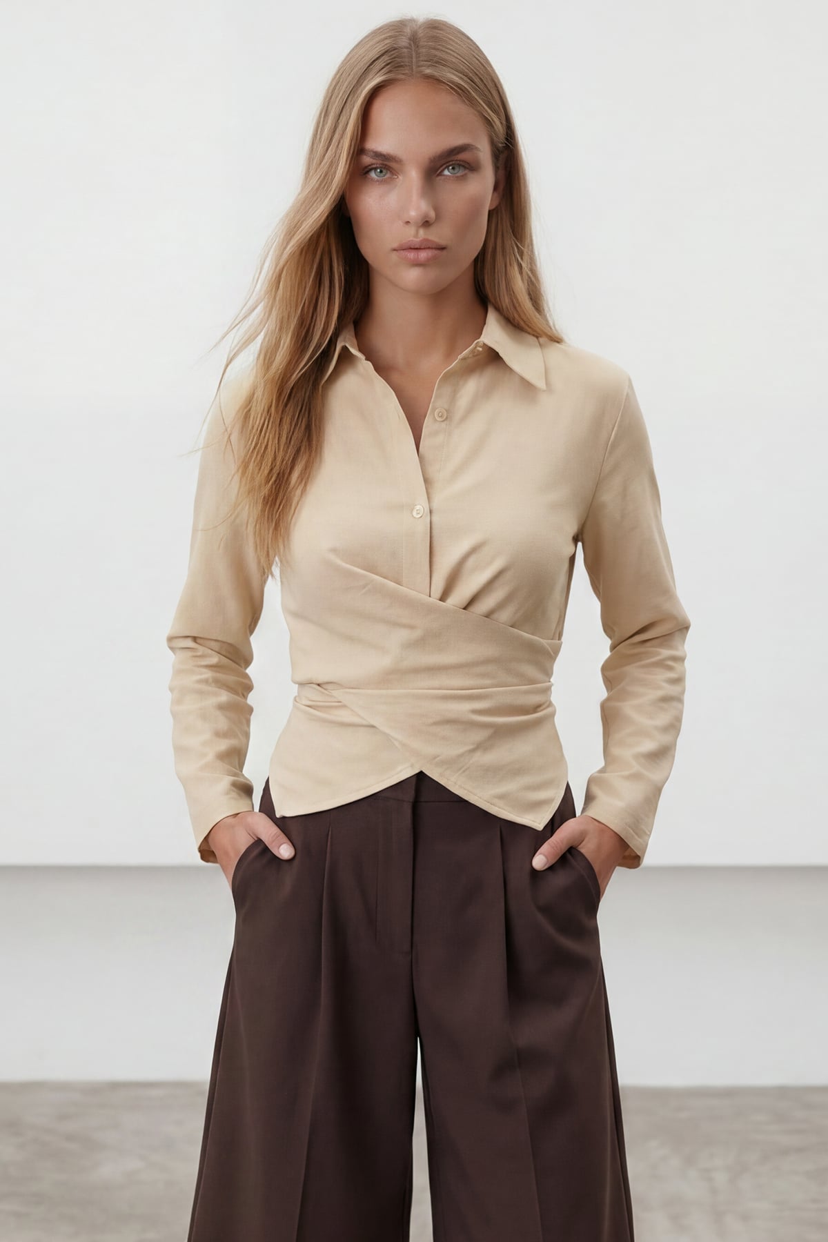 Kadın Bej Çapraz Bağlama Detaylı Sofia Keten Gömlek Alc-X15471