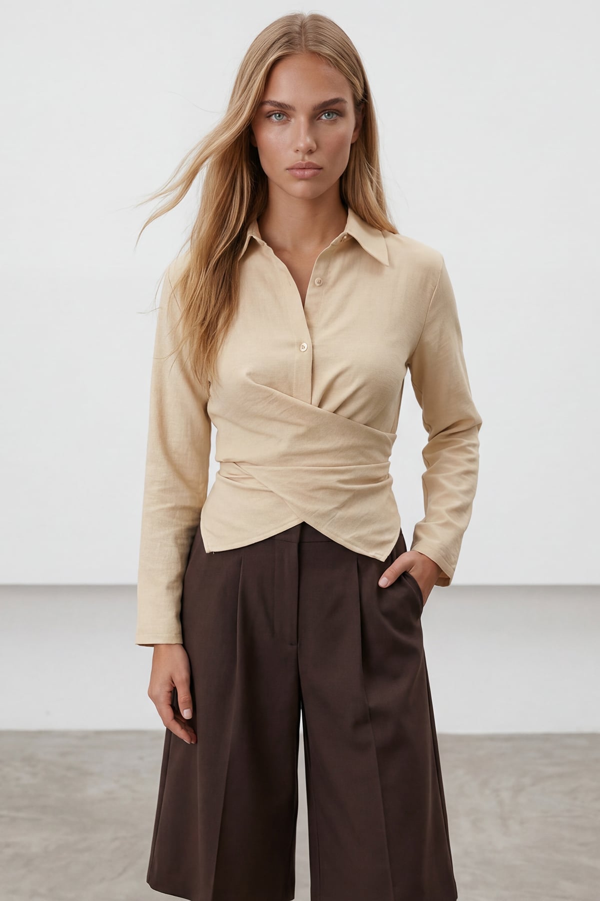 Kadın Bej Çapraz Bağlama Detaylı Sofia Keten Gömlek Alc-X15471