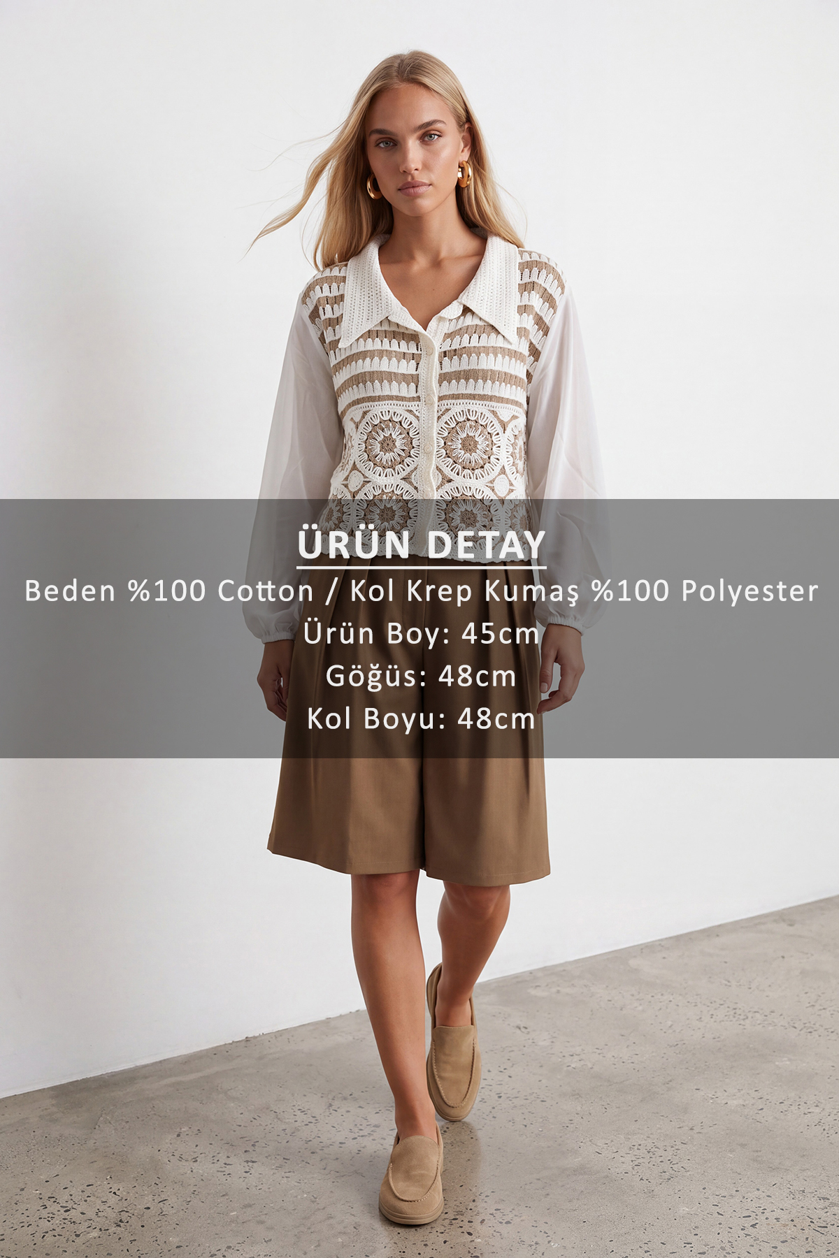Kadın Bej Gömlek Yaka Önü Düğmeli Motiflı Dokuma Garnili Triko Bluz Alc-X15787
