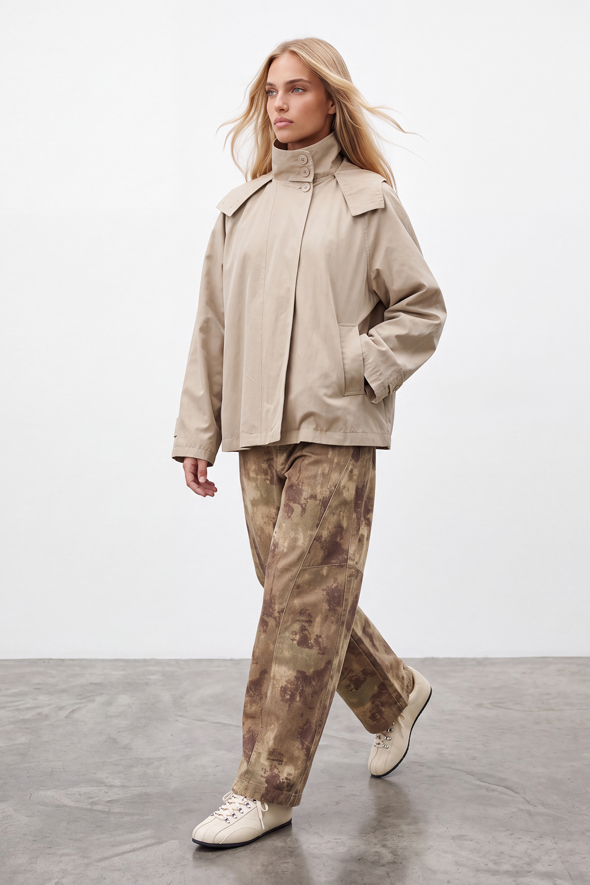 Kadın Bej Kapişonlu Gizli Patlı Oversize Trençkot Alc-X15637