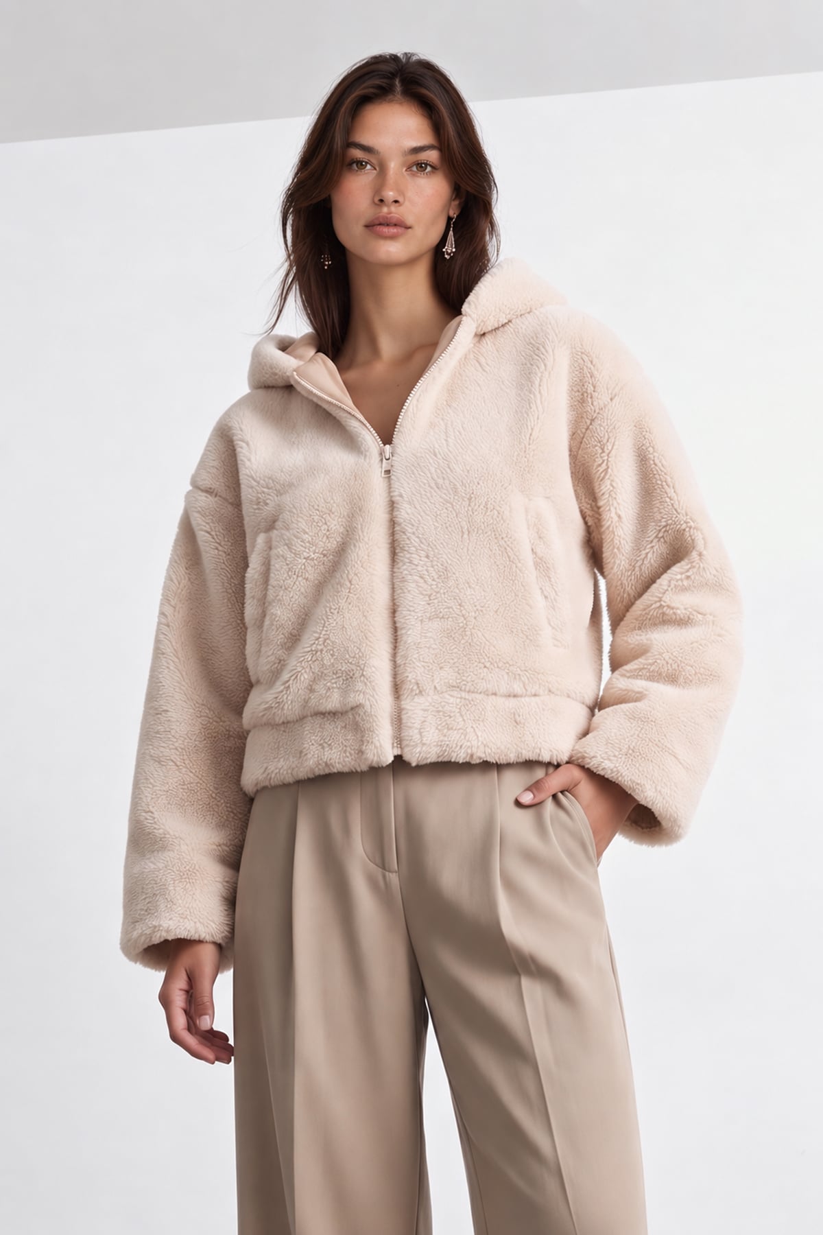 Kadın Bej Kısa Peluş Mont 500-108