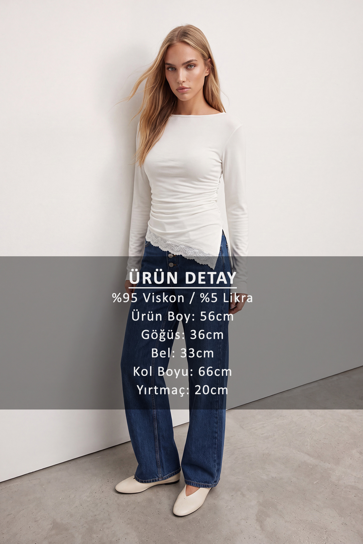 Kadın Beyaz Asimetrik Kesim Dantelli Yanları Büzgülü Bluz Alc-X15603