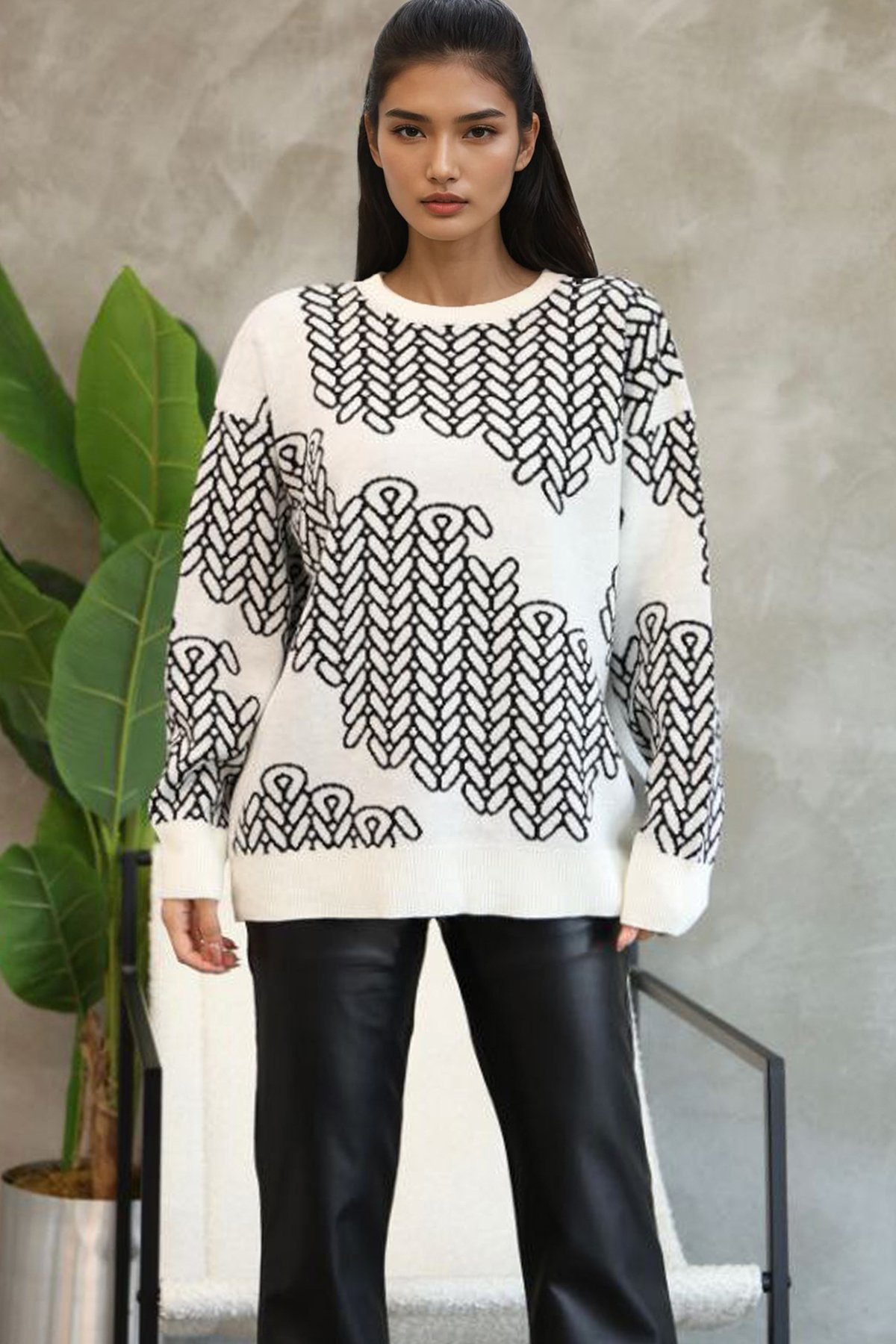 Kadın Beyaz Bisiklet Yaka Desenli Triko Kazak Alc-X14741