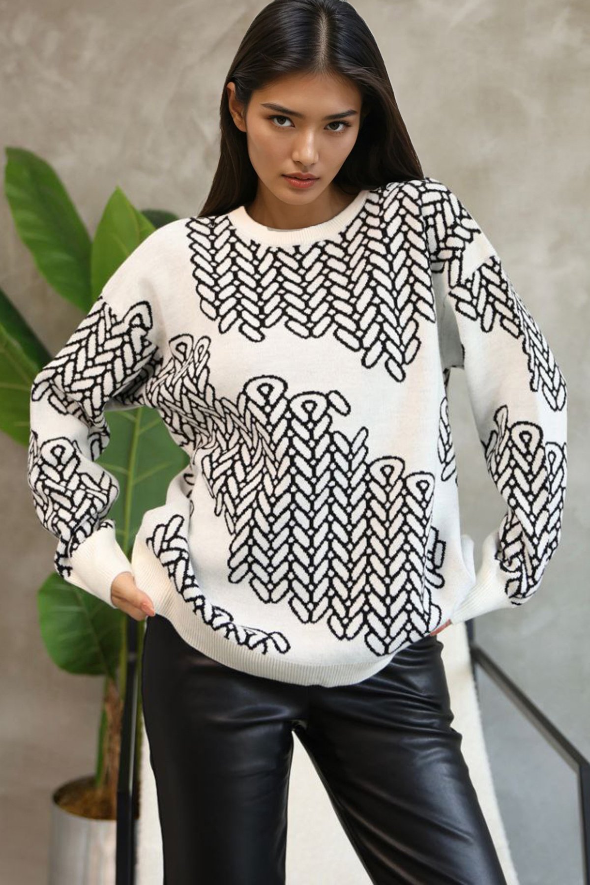 Kadın Beyaz Bisiklet Yaka Desenli Triko Kazak Alc-X14741