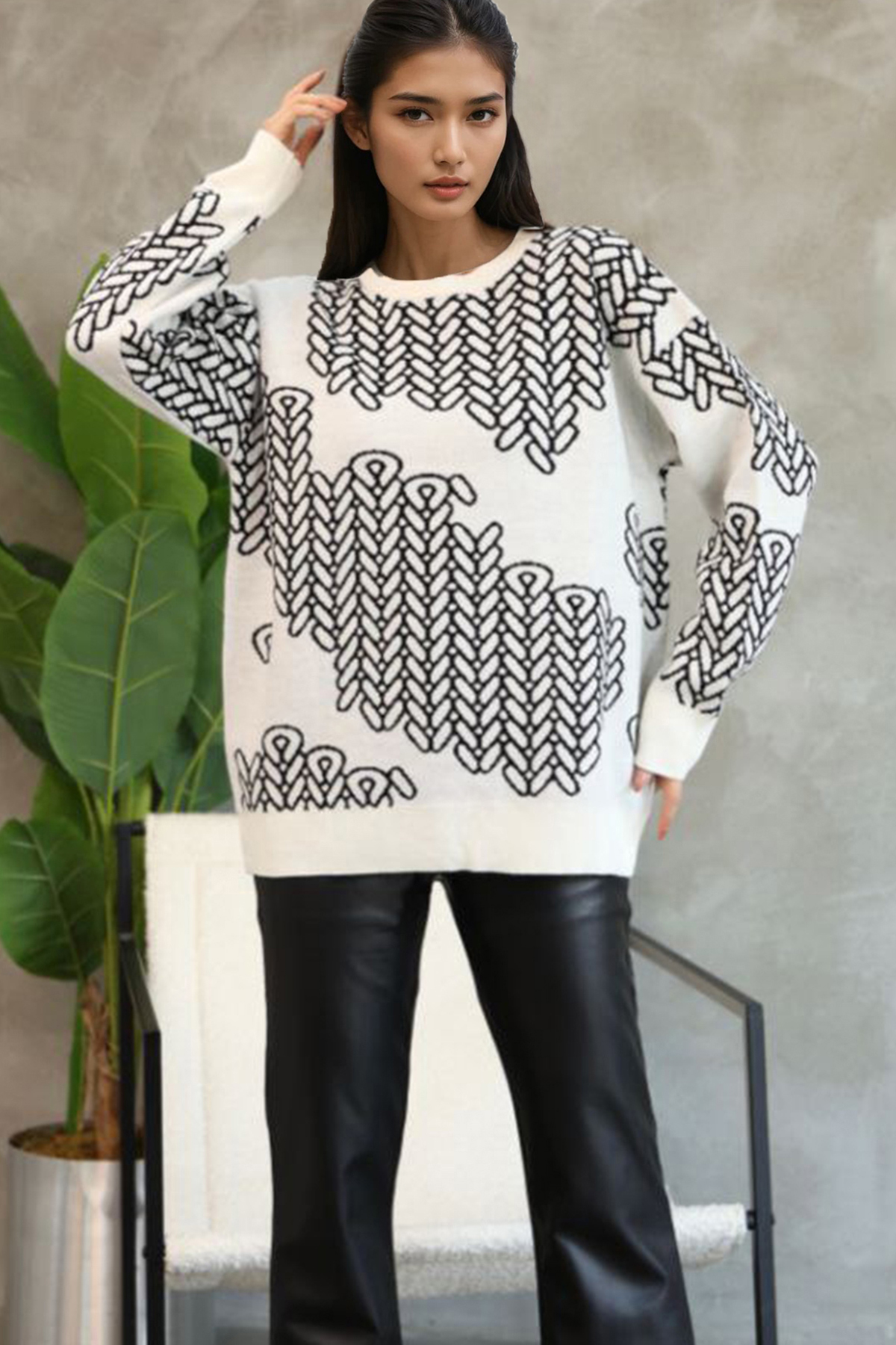 Kadın Beyaz Bisiklet Yaka Desenli Triko Kazak Alc-X14741