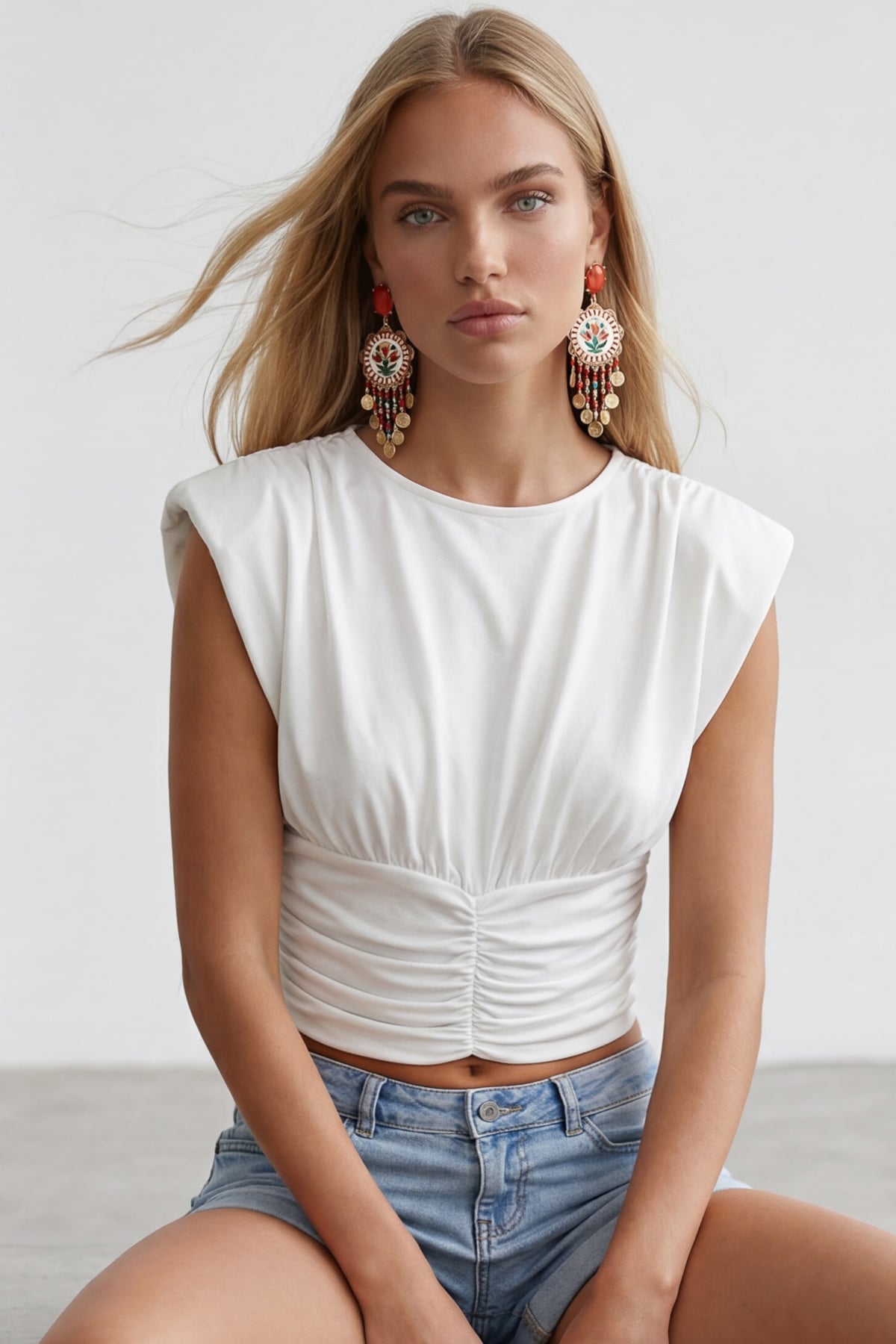 Kadın Beyaz Bisiklet Yaka Drape Detaylı Vatkalı Sandy Bluz Alc-X15485