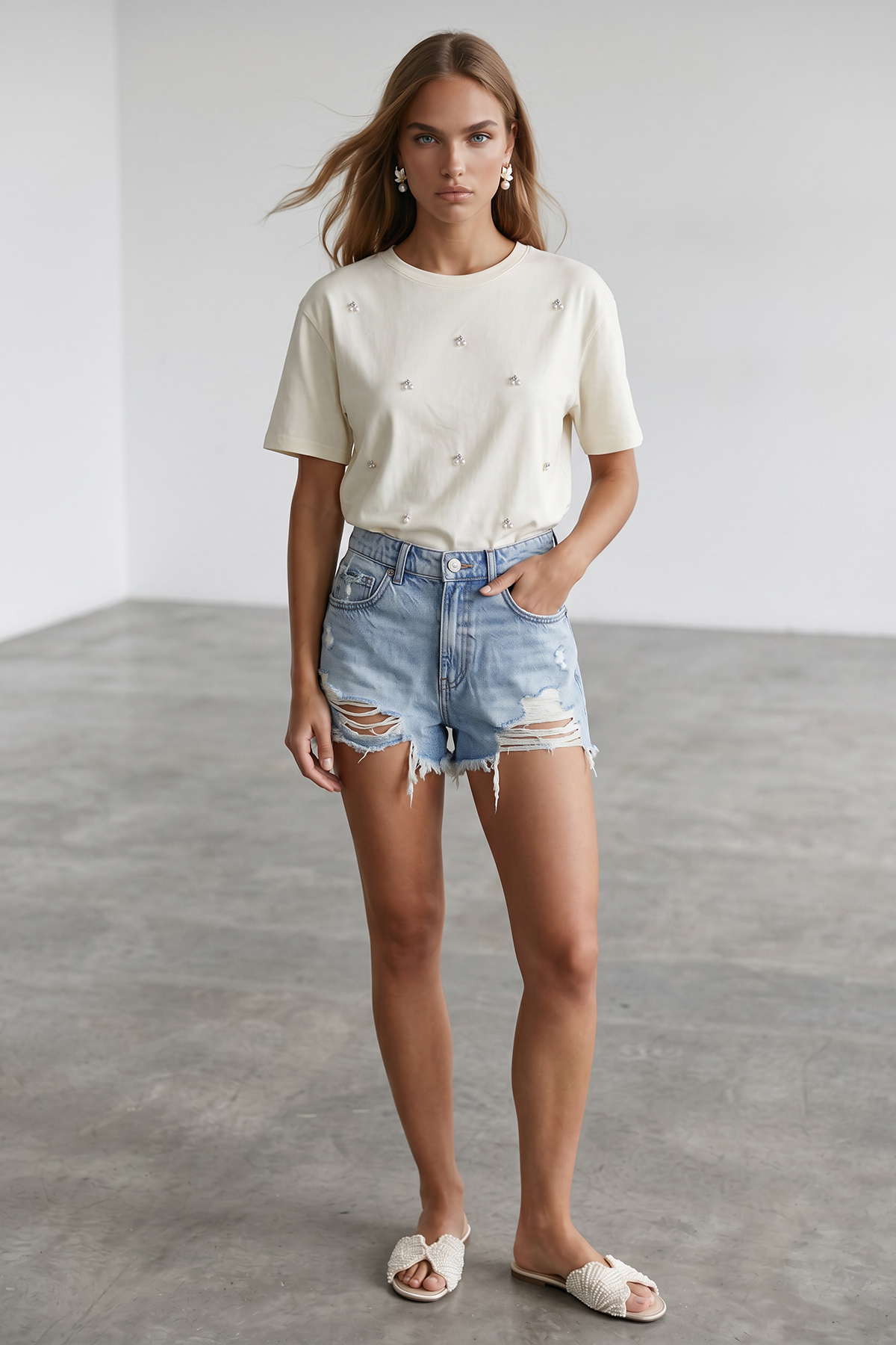 Kadın Beyaz Bisiklet Yaka Oversize İnci Ve Taş İşlemeli T-Shirt ALC-X11964