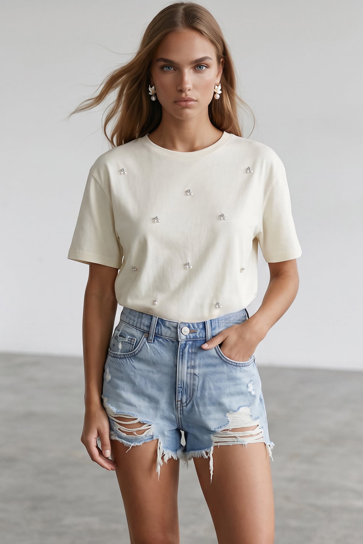 Kadın Beyaz Bisiklet Yaka Oversize İnci Ve Taş İşlemeli T-Shirt ALC-X11964