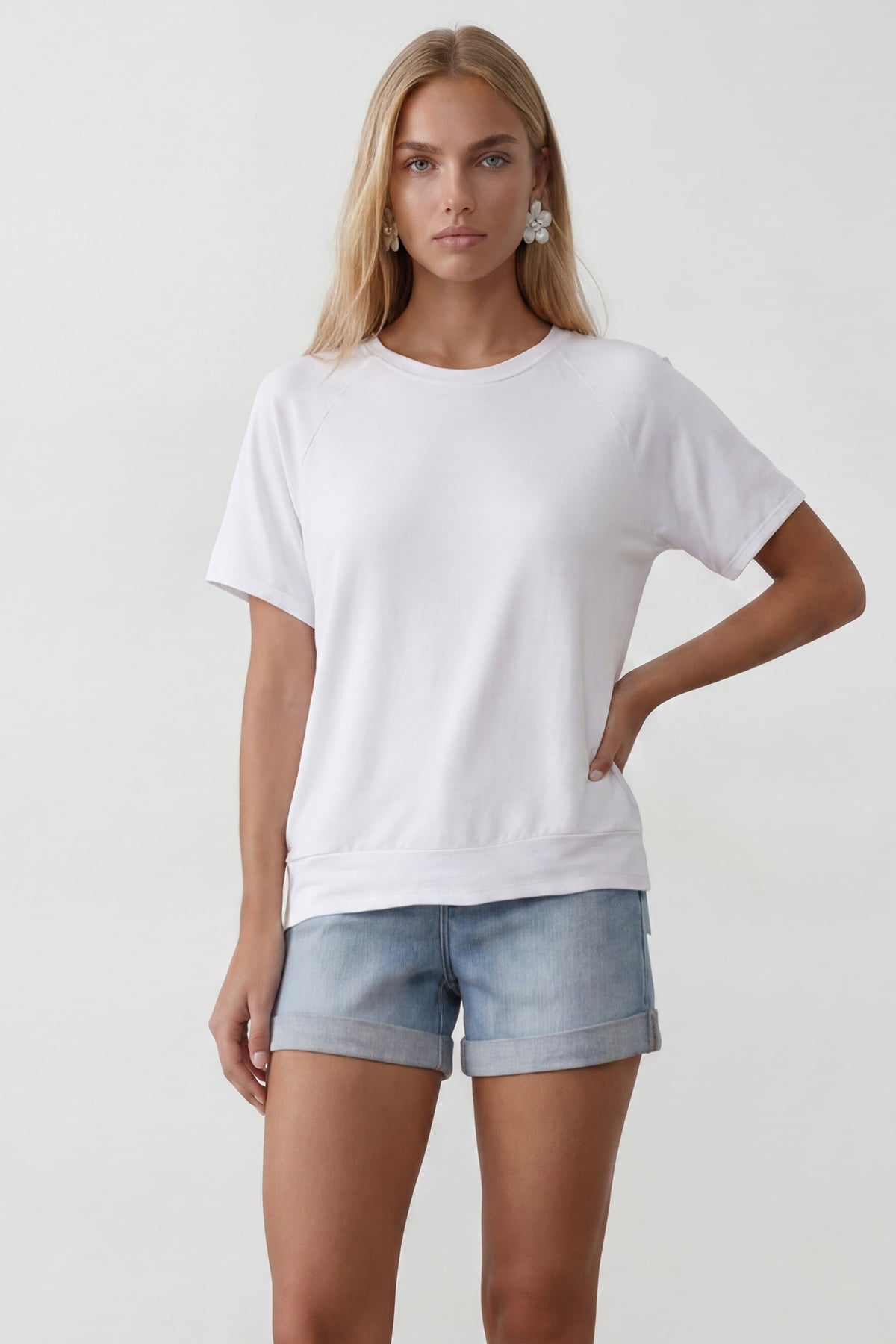 Kadın Beyaz Bisiklet Yaka Reglan Kol Oversize T-Shırt Alc-X15492
