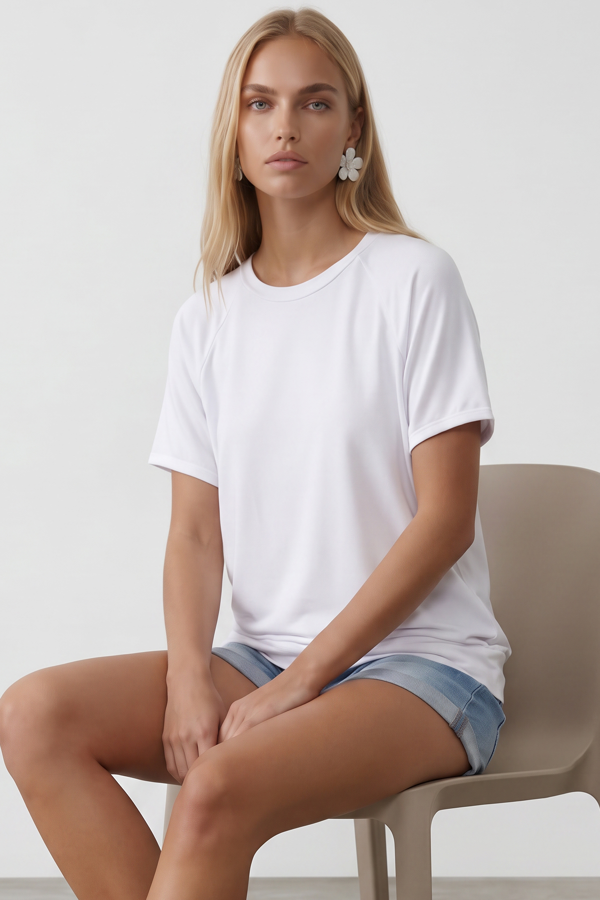 Kadın Beyaz Bisiklet Yaka Reglan Kol Oversize T-Shırt Alc-X15492