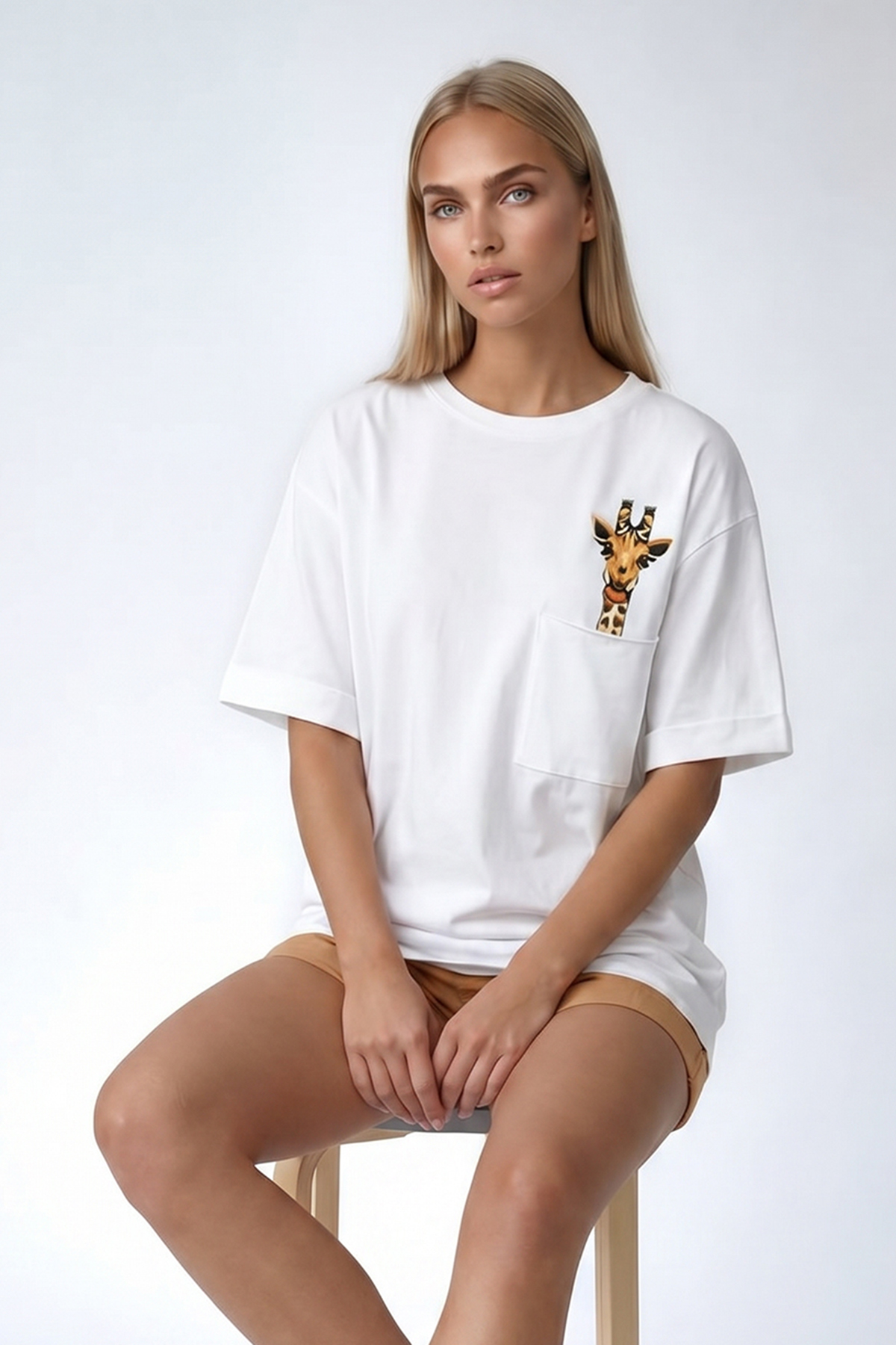 Kadın Beyaz Bisiklet Yaka Tek Cepli Zürafa Nakış İşlemeli Duble Kol Lazer Kesim Oversize T-Shirt ALC-X8475