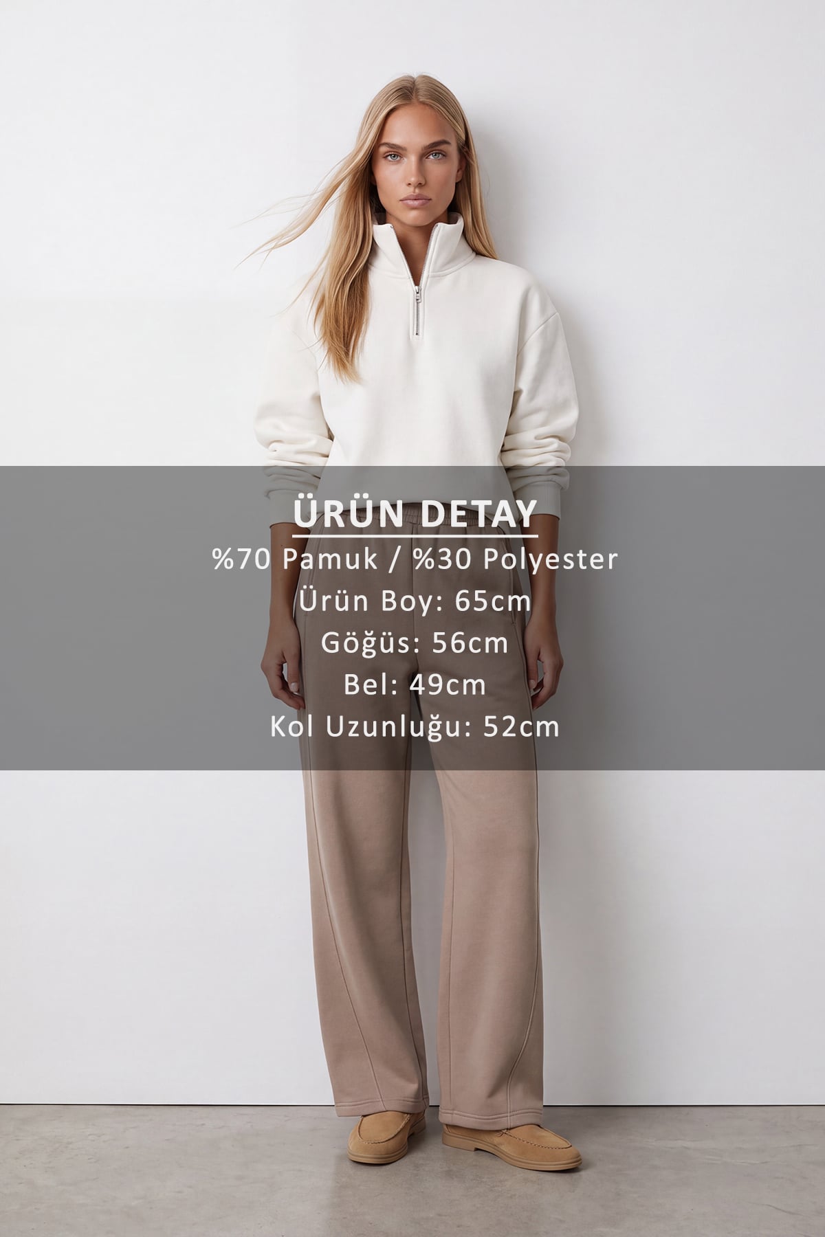 Kadın Beyaz Dik Yaka Fermuarlı 3 İplik İçi Şardonlu Oversize Sweatshirt Alc-X15729