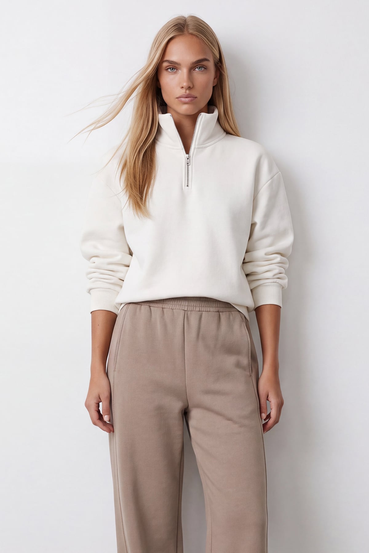 Kadın Beyaz Dik Yaka Fermuarlı 3 İplik İçi Şardonlu Oversize Sweatshirt Alc-X15729