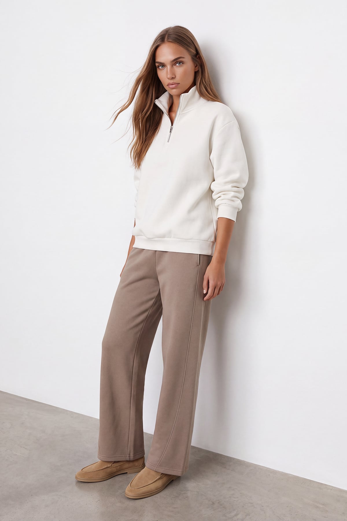 Kadın Beyaz Dik Yaka Fermuarlı 3 İplik İçi Şardonlu Oversize Sweatshirt Alc-X15729