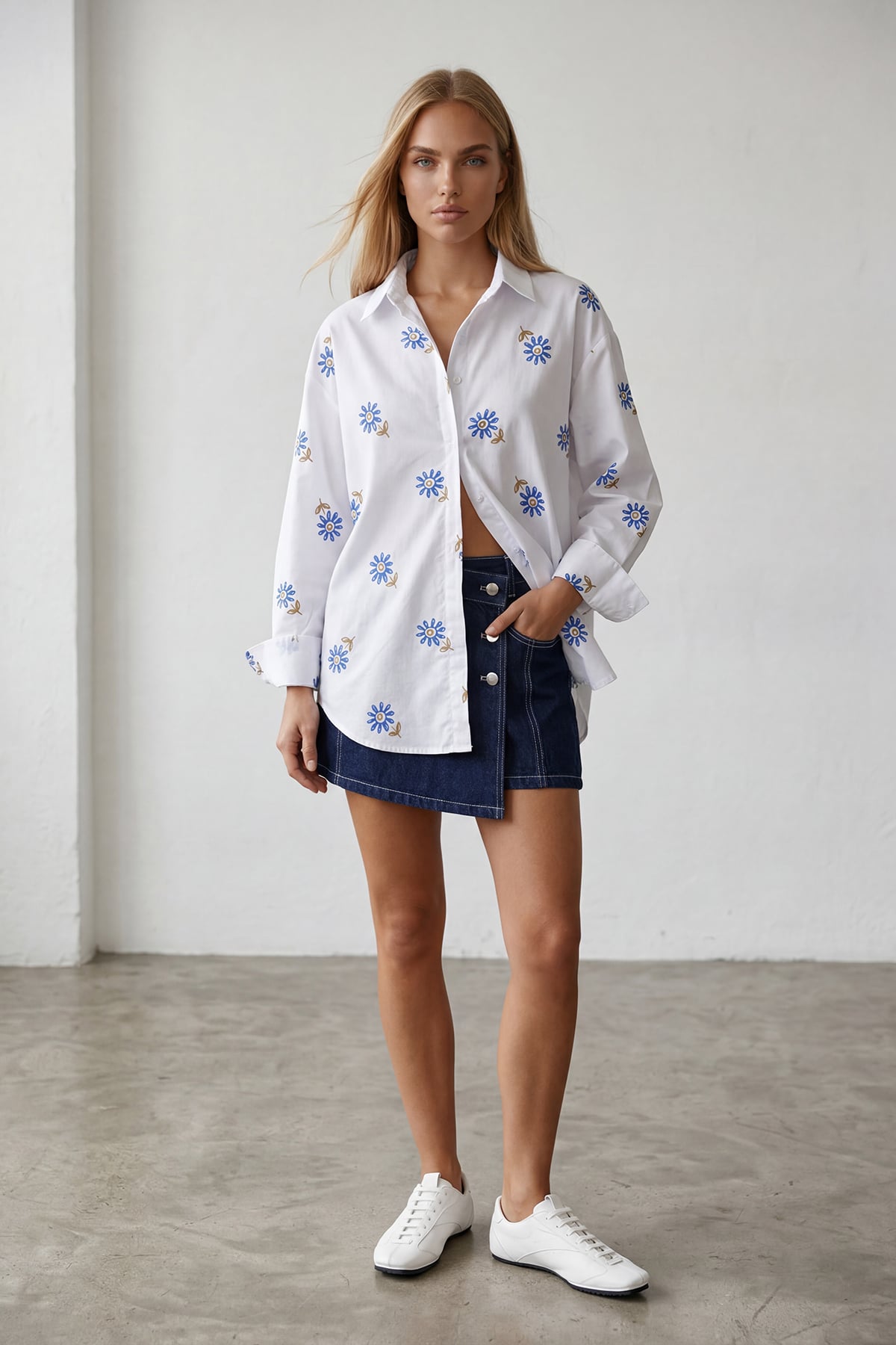 Kadın Beyaz Gizli Patlı Çiçek Desenli Oversize Poplin Gömlek Alc-X15503