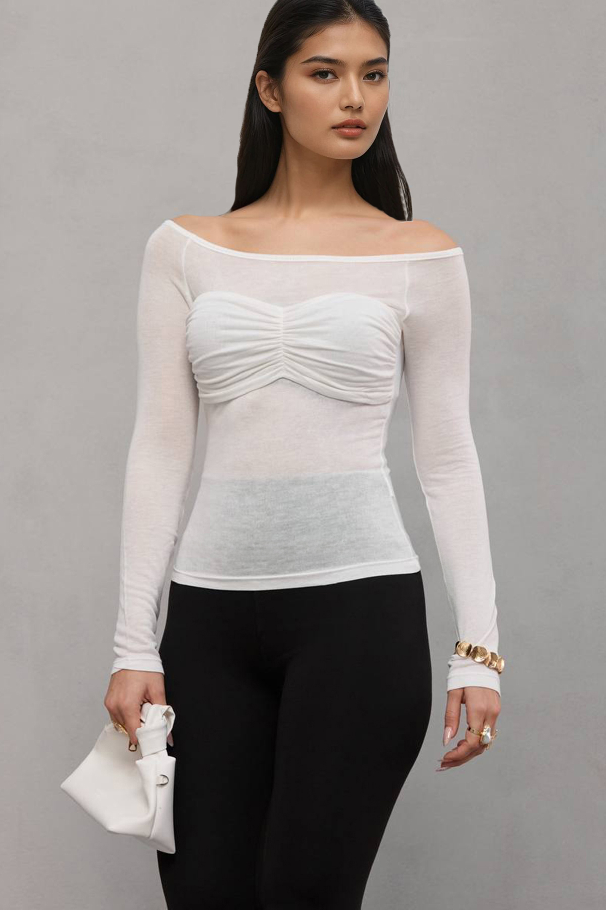 Kadın Beyaz Kayık Yaka Drape Detaylı Transparan  Bluz Alc-X14882