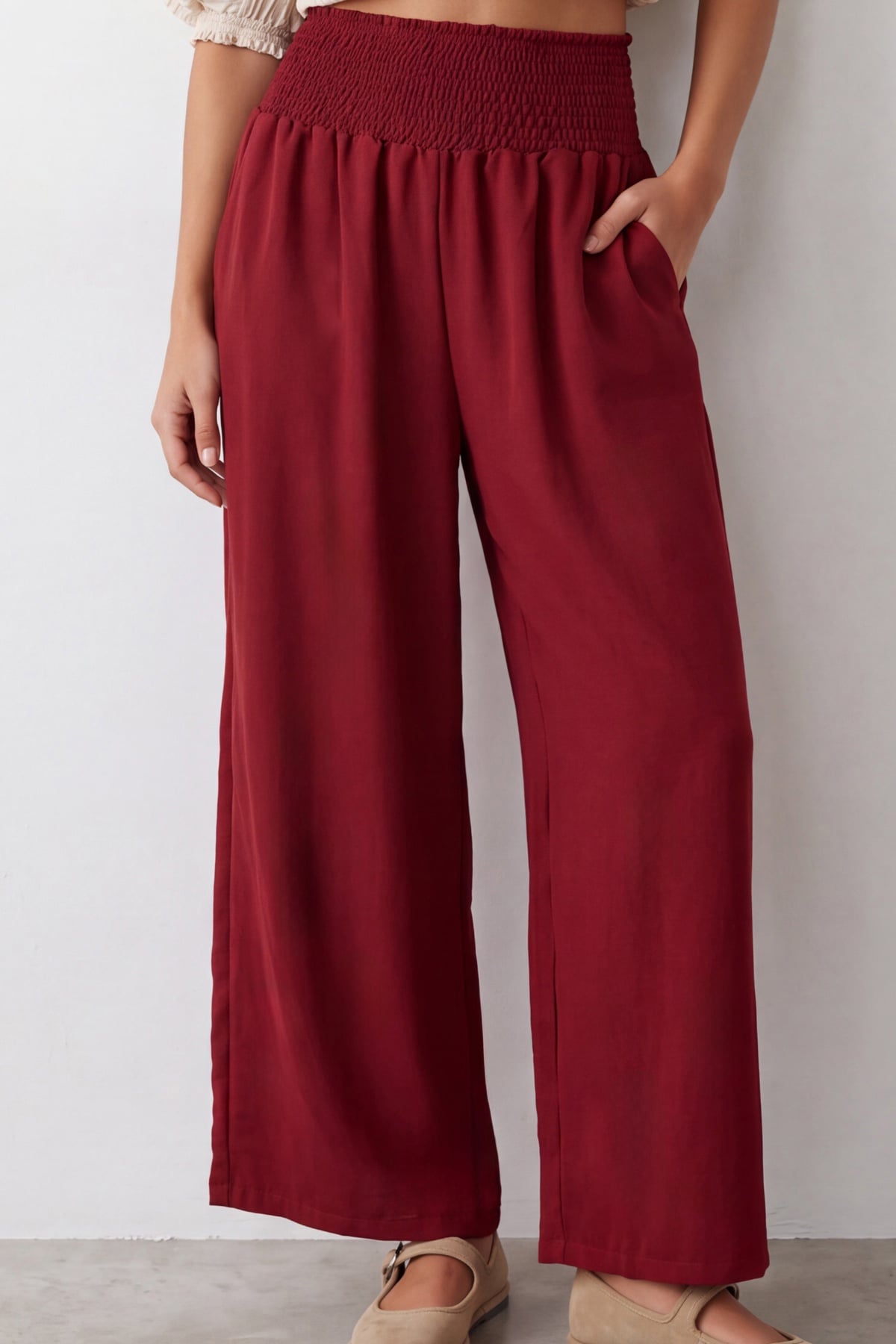 Kadın Bordo Beli Gipeli Paçası Bağcık Detaylı Pantolon Alc-X15592