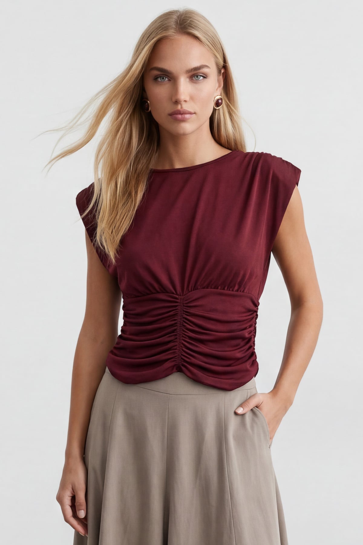 Kadın Bordo Bisiklet Yaka Drape Detaylı Vatkalı Sandy Bluz Alc-X15485