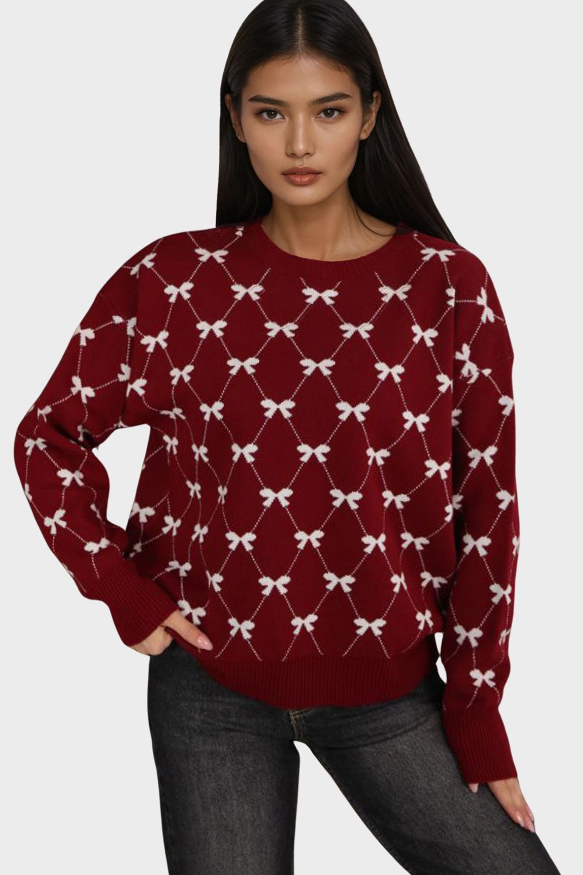 Kadın Bordo Bisiklet Yaka Kurdale Desenli Triko Kazak Alc-X14822