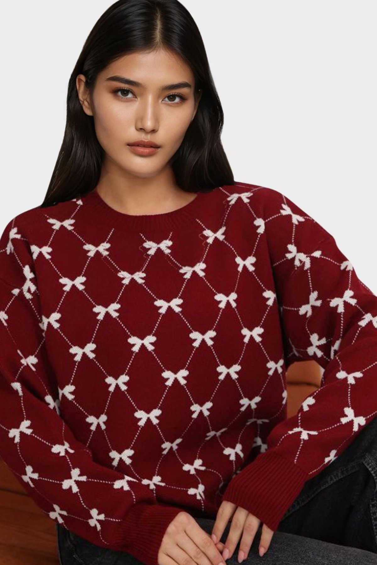 Kadın Bordo Bisiklet Yaka Kurdale Desenli Triko Kazak Alc-X14822