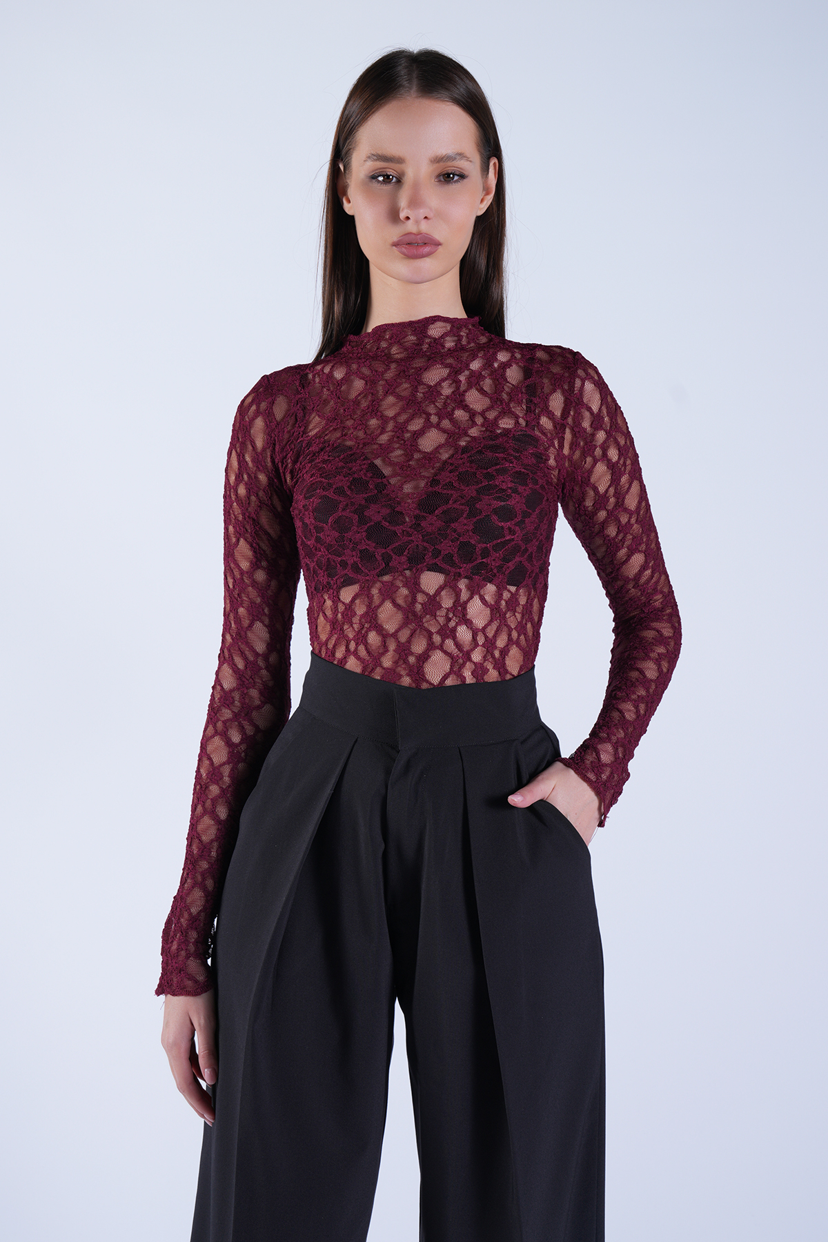 Kadın Bordo Dik Yaka Likralı Dantel Bluz ALC-X14522