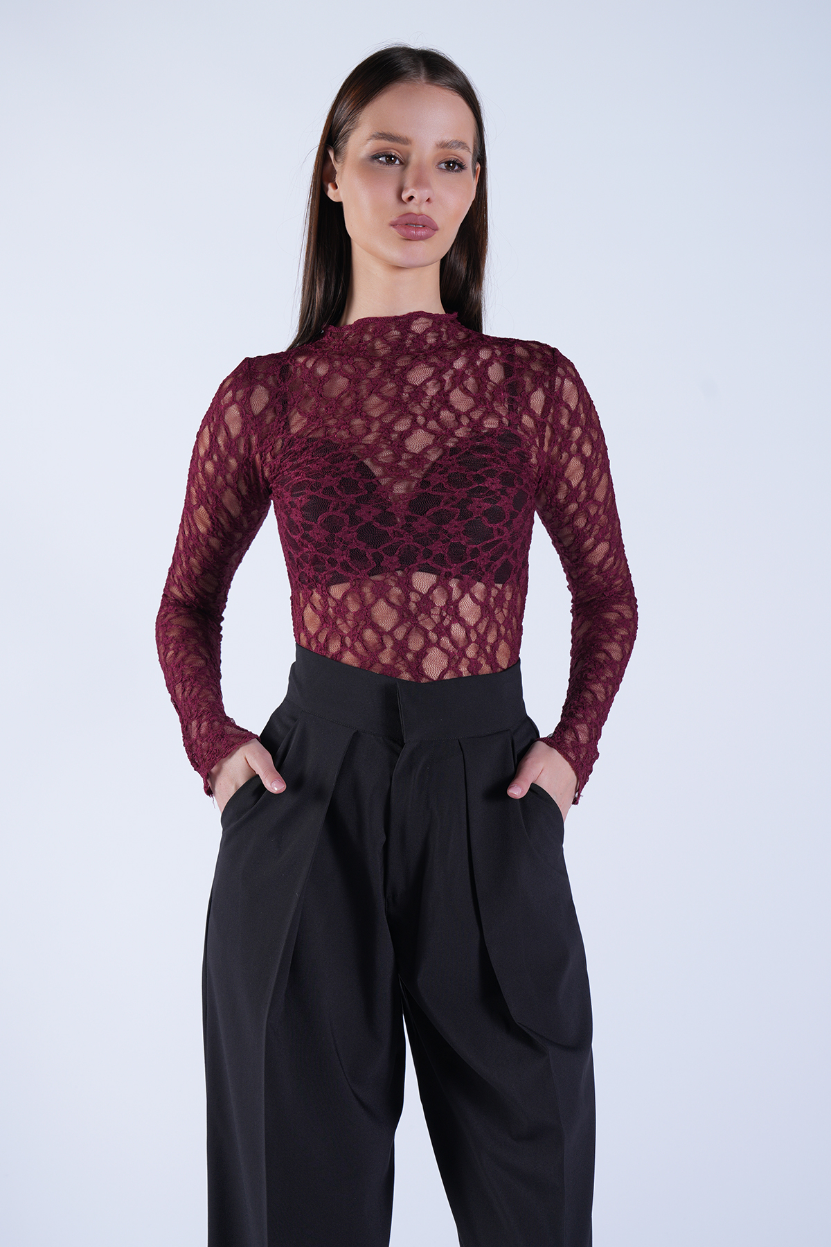 Kadın Bordo Dik Yaka Likralı Dantel Bluz ALC-X14522