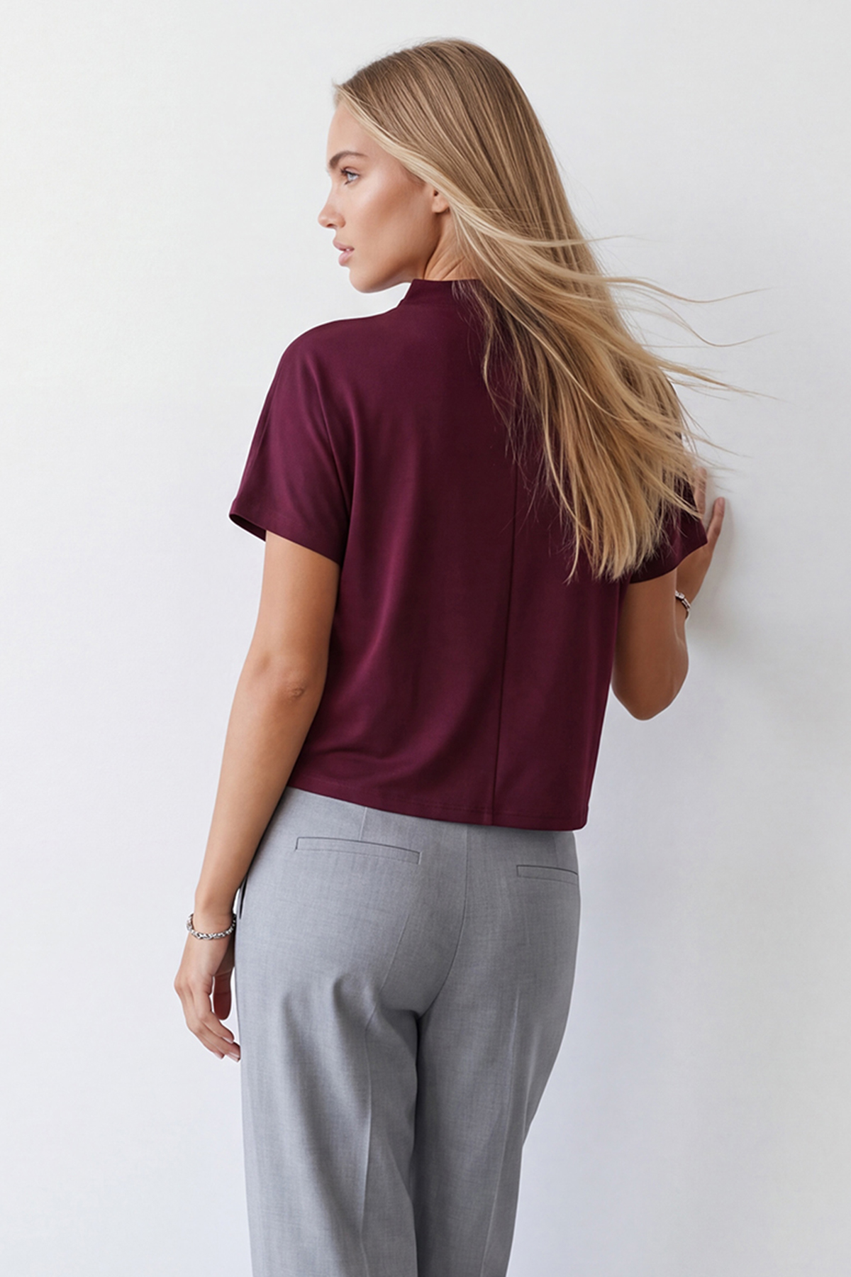 Kadın Bordo Dik Yaka Yarım Kol Triko Bluz Alc-X14628