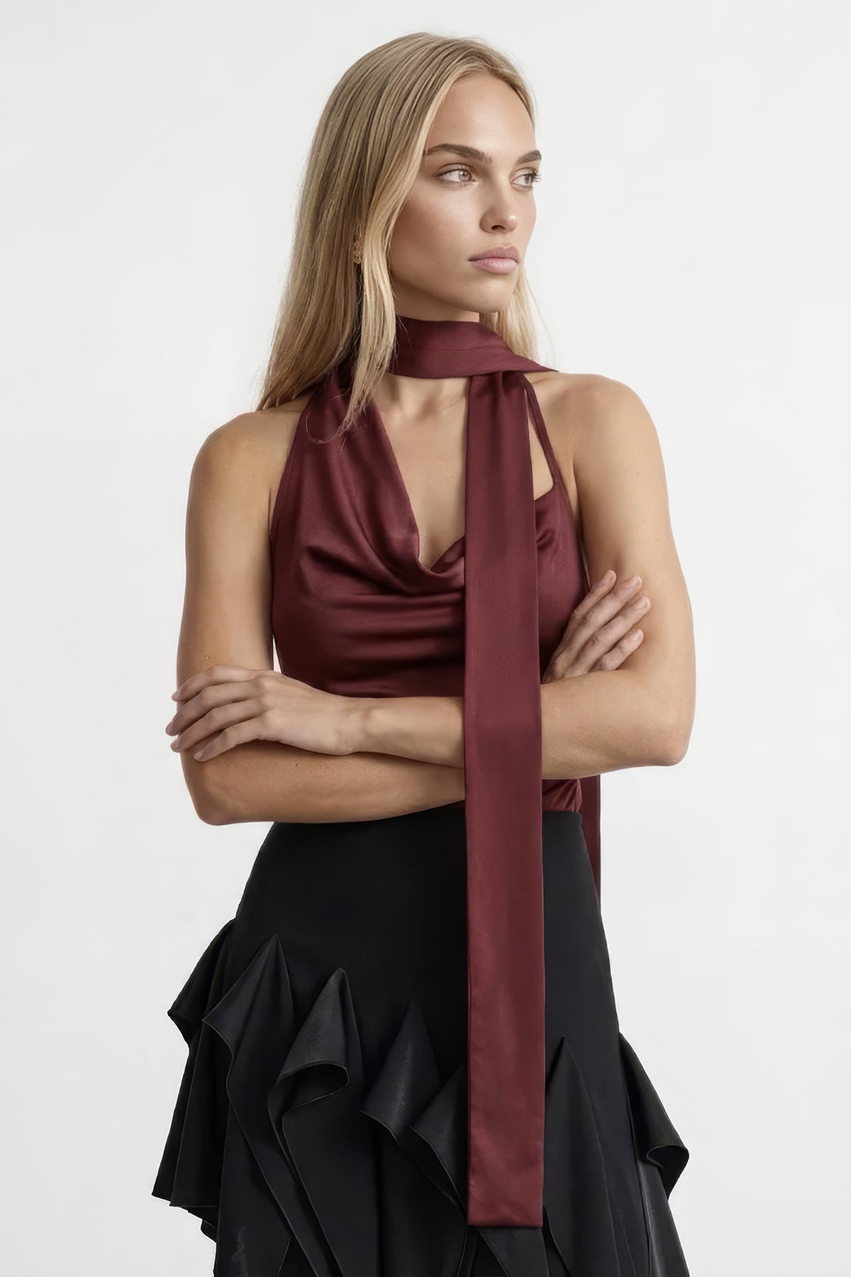 Kadın Bordo Fular Detaylı Düşük Yaka Sandy Bluz Alc-X15488
