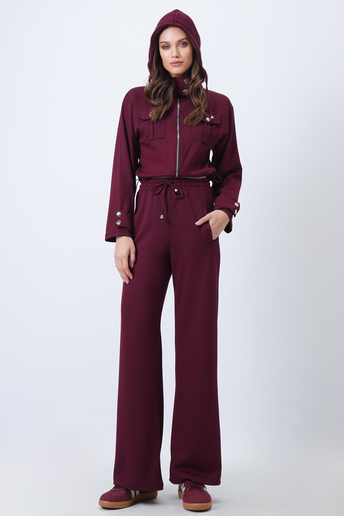 Kadın Bordo Kapüşonlu Çift Cepli Ceket Ve Beli Lastikli Pantolon Takım Vs01710