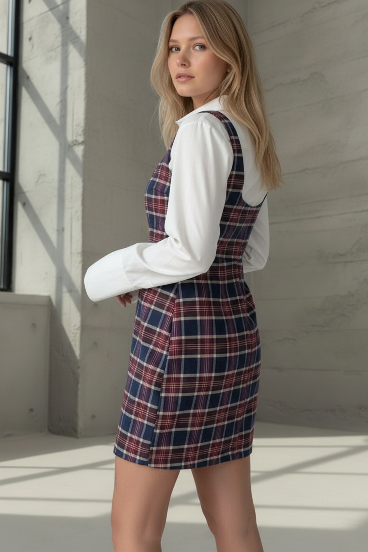 Kadın Bordo Kare Yaka Ekose Desenli Dokuma Mini Jile Elbise Alc-X15311