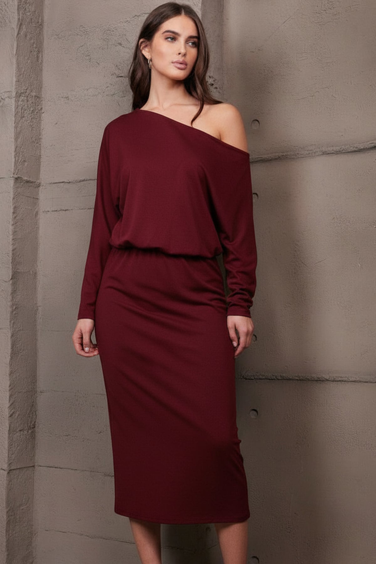 Kadın Bordo Kayık Yaka Beli Lastikli Midi Boy Elbise Alc-X15226