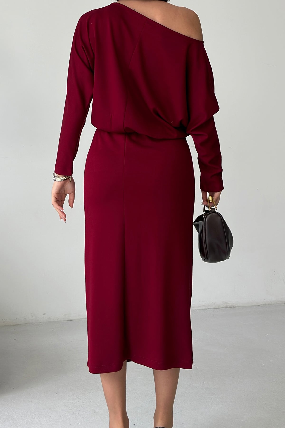 Kadın Bordo Kayık Yaka Beli Lastikli Midi Boy Elbise Alc-X15226