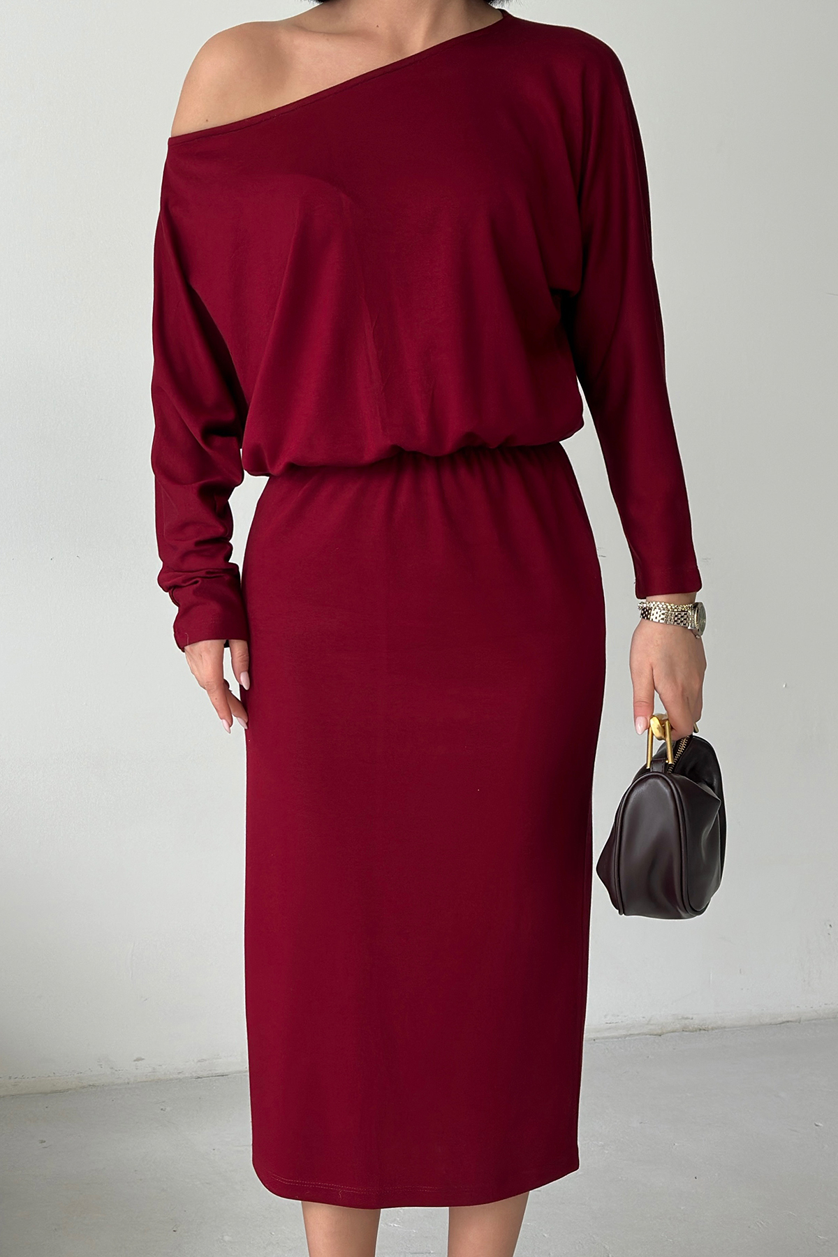 Kadın Bordo Kayık Yaka Beli Lastikli Midi Boy Elbise Alc-X15226