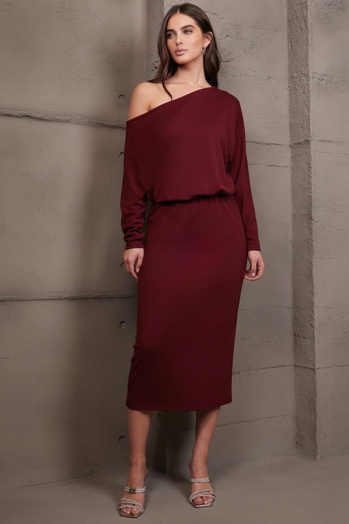 Kadın Bordo Kayık Yaka Beli Lastikli Midi Boy Elbise Alc-X15226