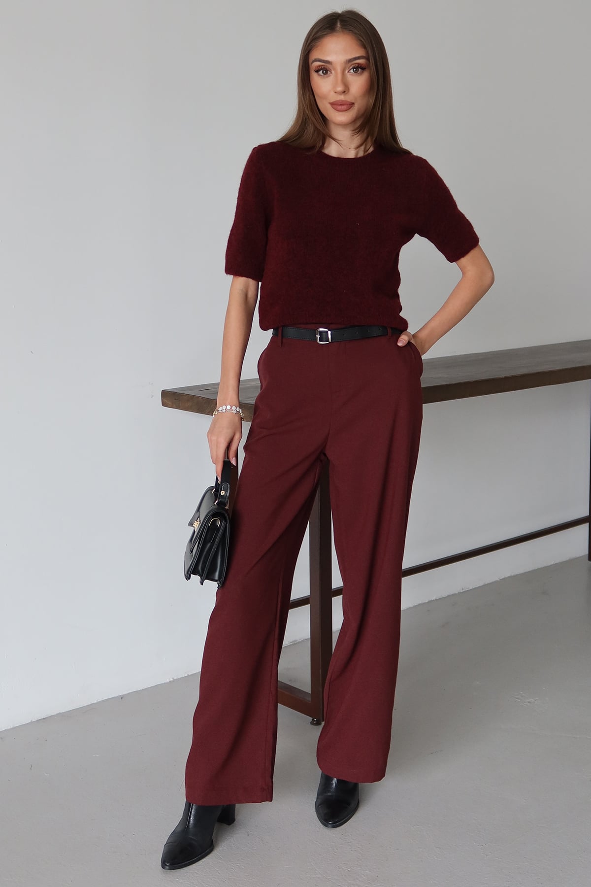 Kadın BORDO Kemerli Çift Cepli Palazzo Pantolon VS01484