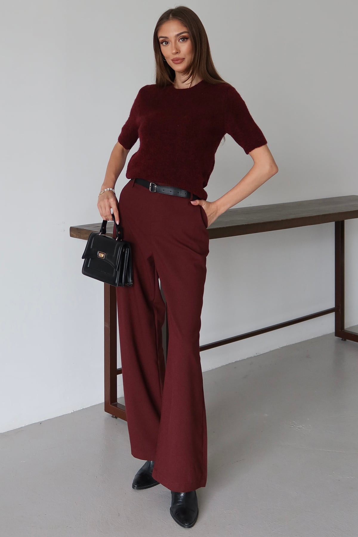 Kadın BORDO Kemerli Çift Cepli Palazzo Pantolon VS01484